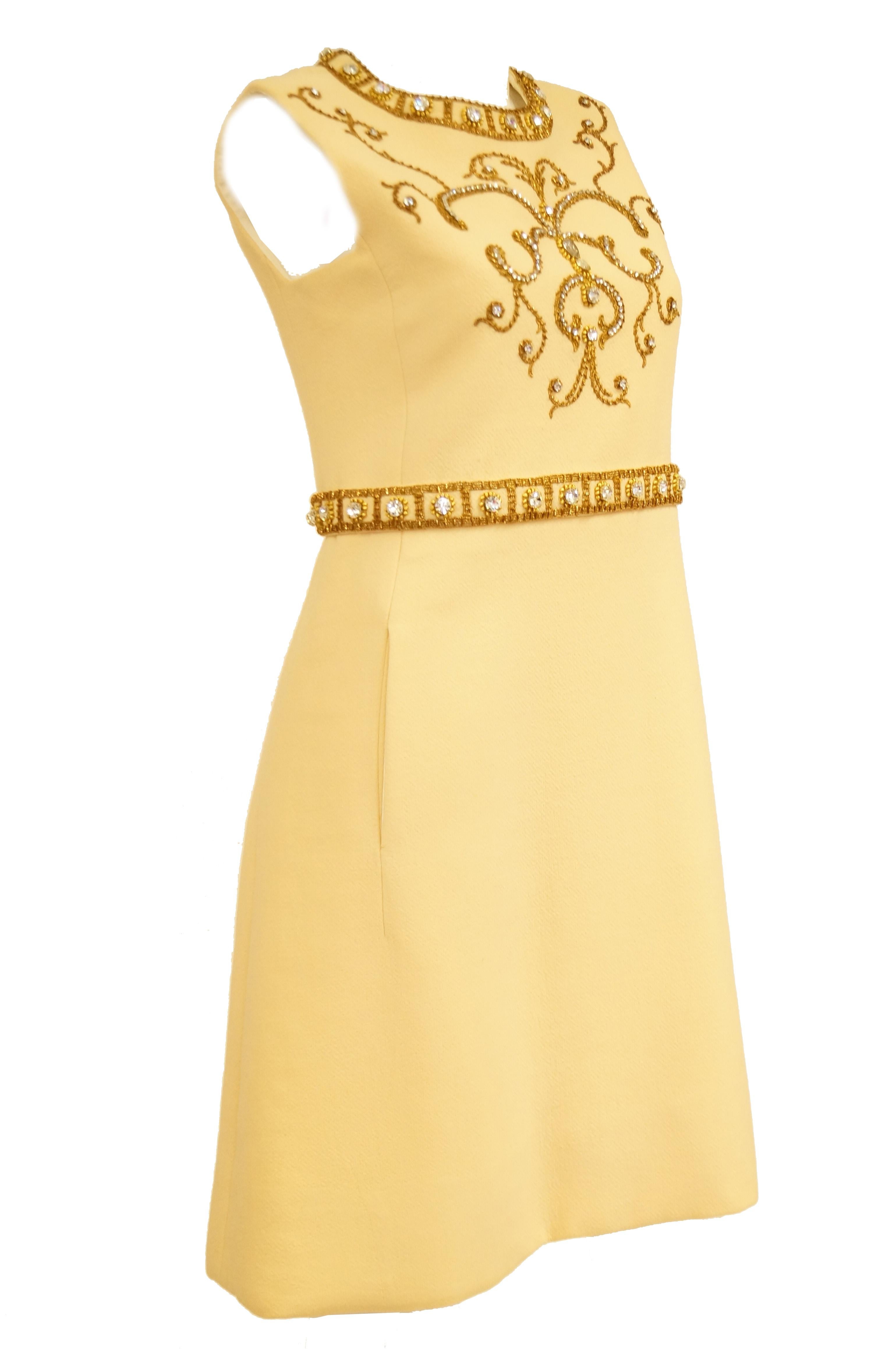 1960s Couture Cardinali Mod Shift Dress W/ Rhinestones & Gold Passementerie For Sale 3