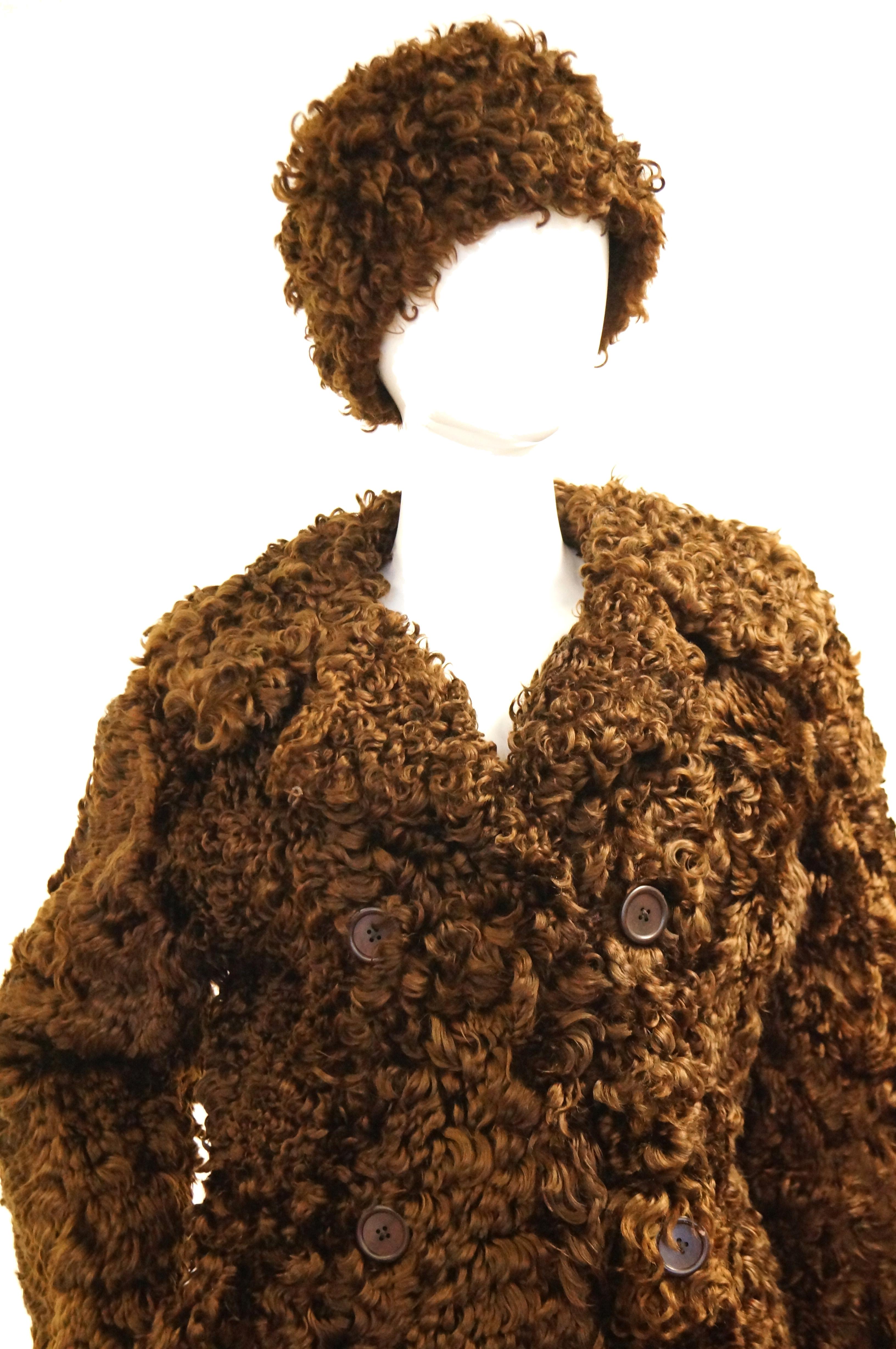 Women's 1970s Scottish Brown Curly Lamb Coat with Matching Hat