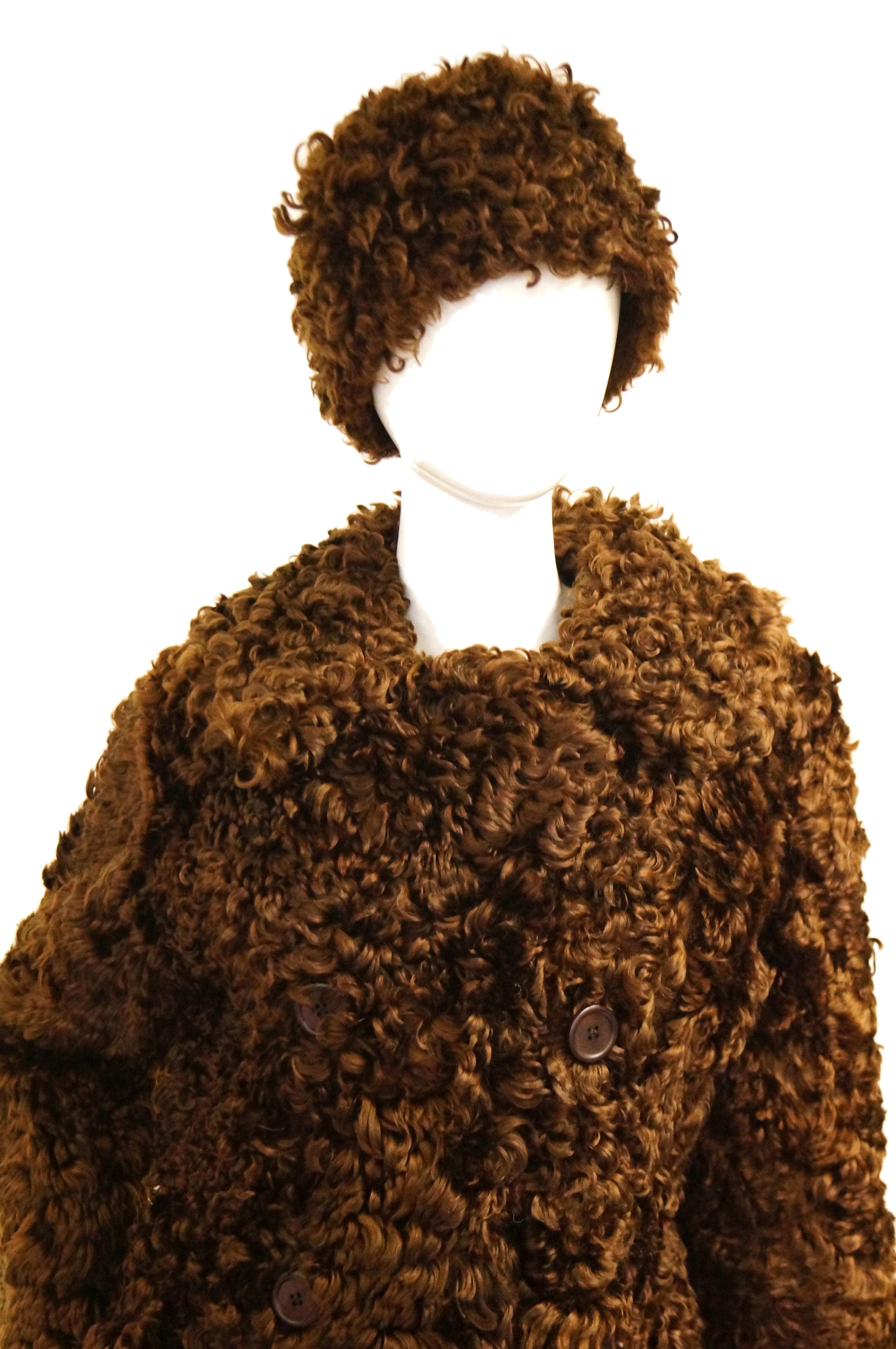 1970s Scottish Brown Curly Lamb Coat with Matching Hat 4