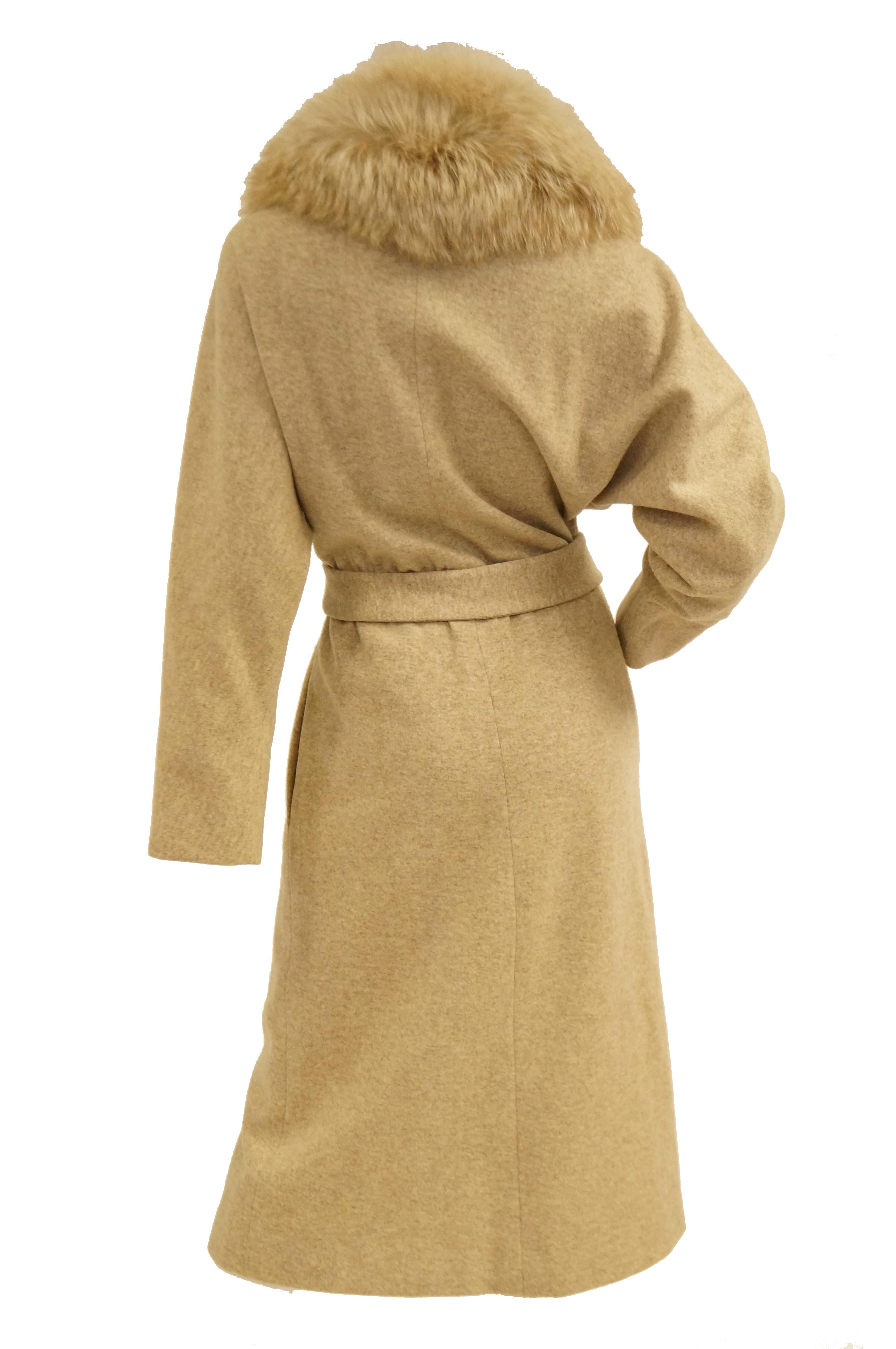 Women's or Men's 1970s Bill Blass Plush Fox Collar Wool Wrap Coat for Neiman Marcus