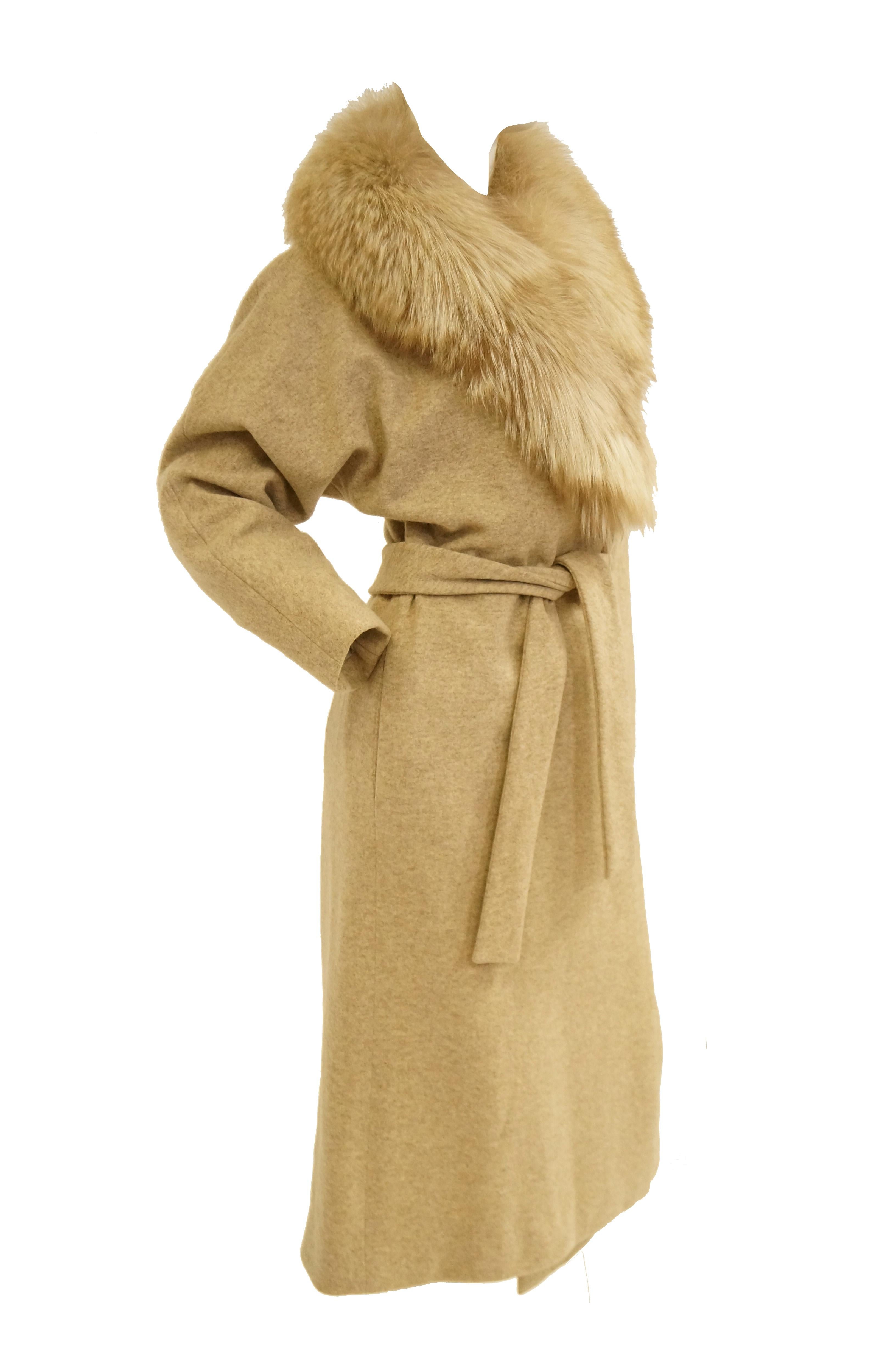 Brown 1970s Bill Blass Plush Fox Collar Wool Wrap Coat for Neiman Marcus