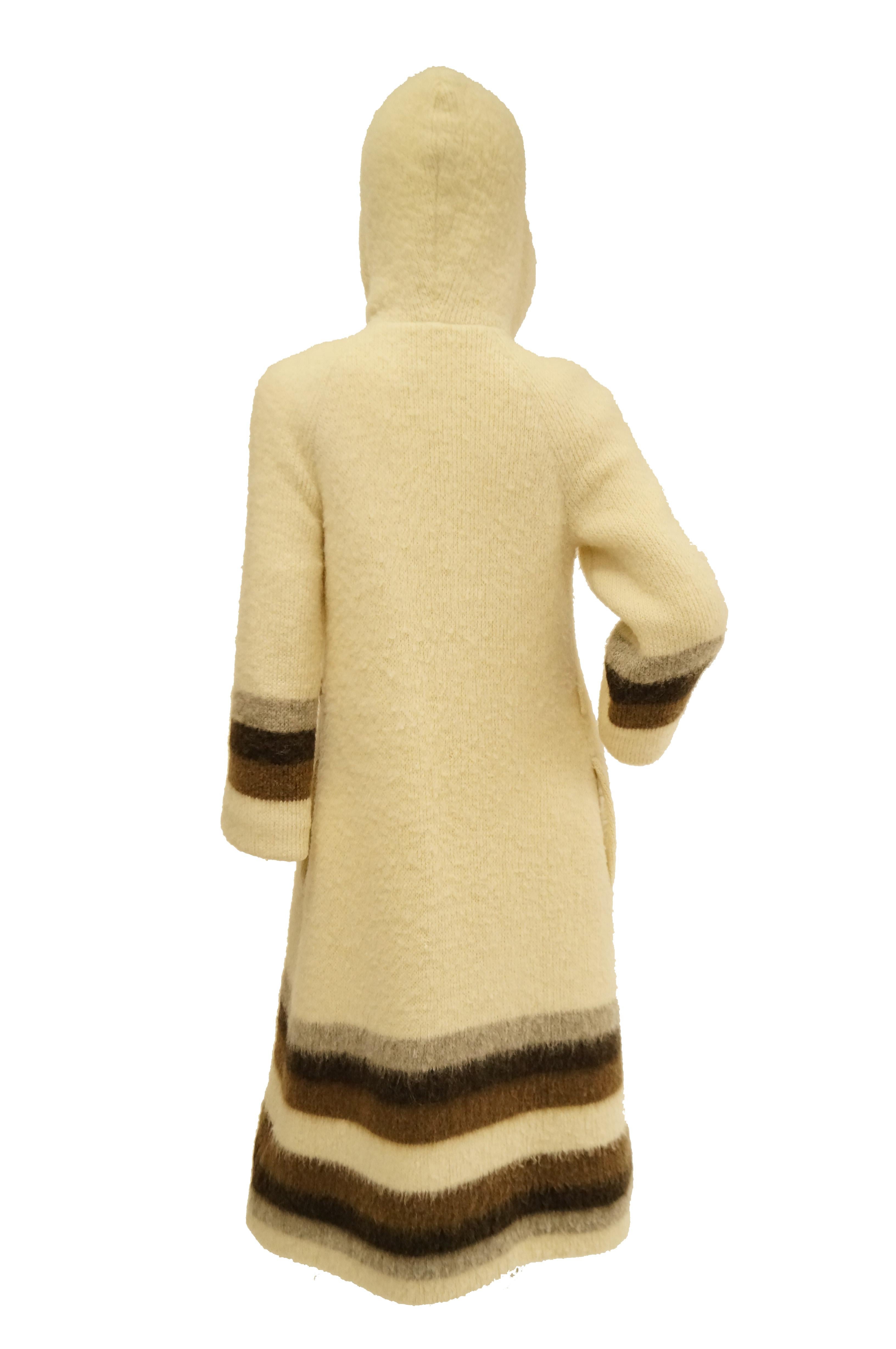 Beige 1960s Hilda Icelandic Wool Coat with Hood and Stripe Detail S