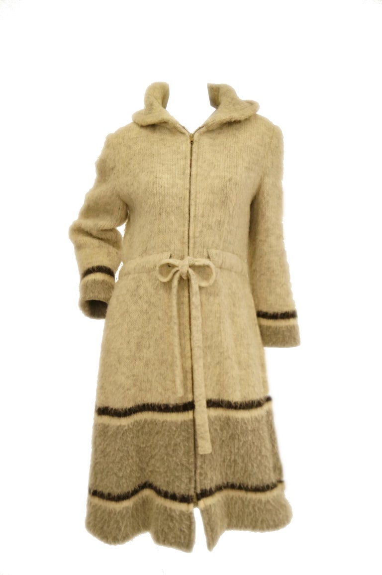 1960s Hilda Icelandic Oatmeal Wool Coat with Hood and Grey Stripe