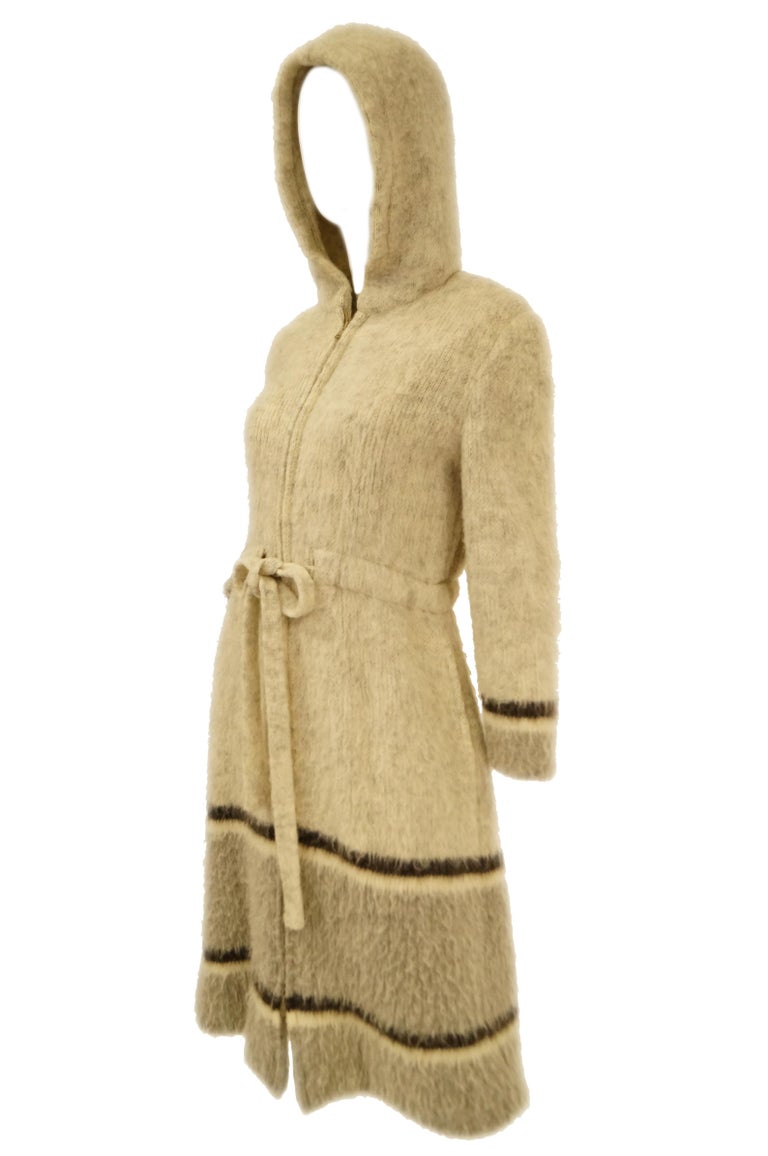 1960s Hilda Icelandic Oatmeal Wool Coat with Hood and Grey Stripe