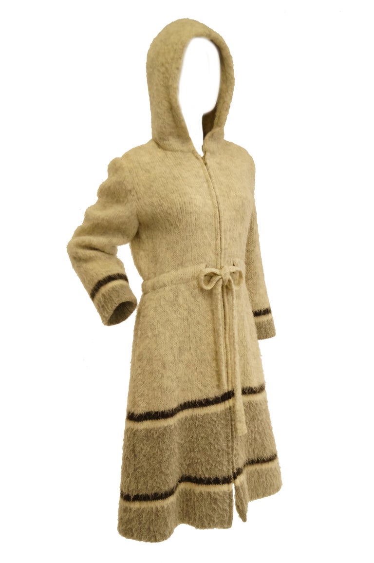 1960s Hilda Icelandic Oatmeal Wool Coat with Hood and Grey Stripe