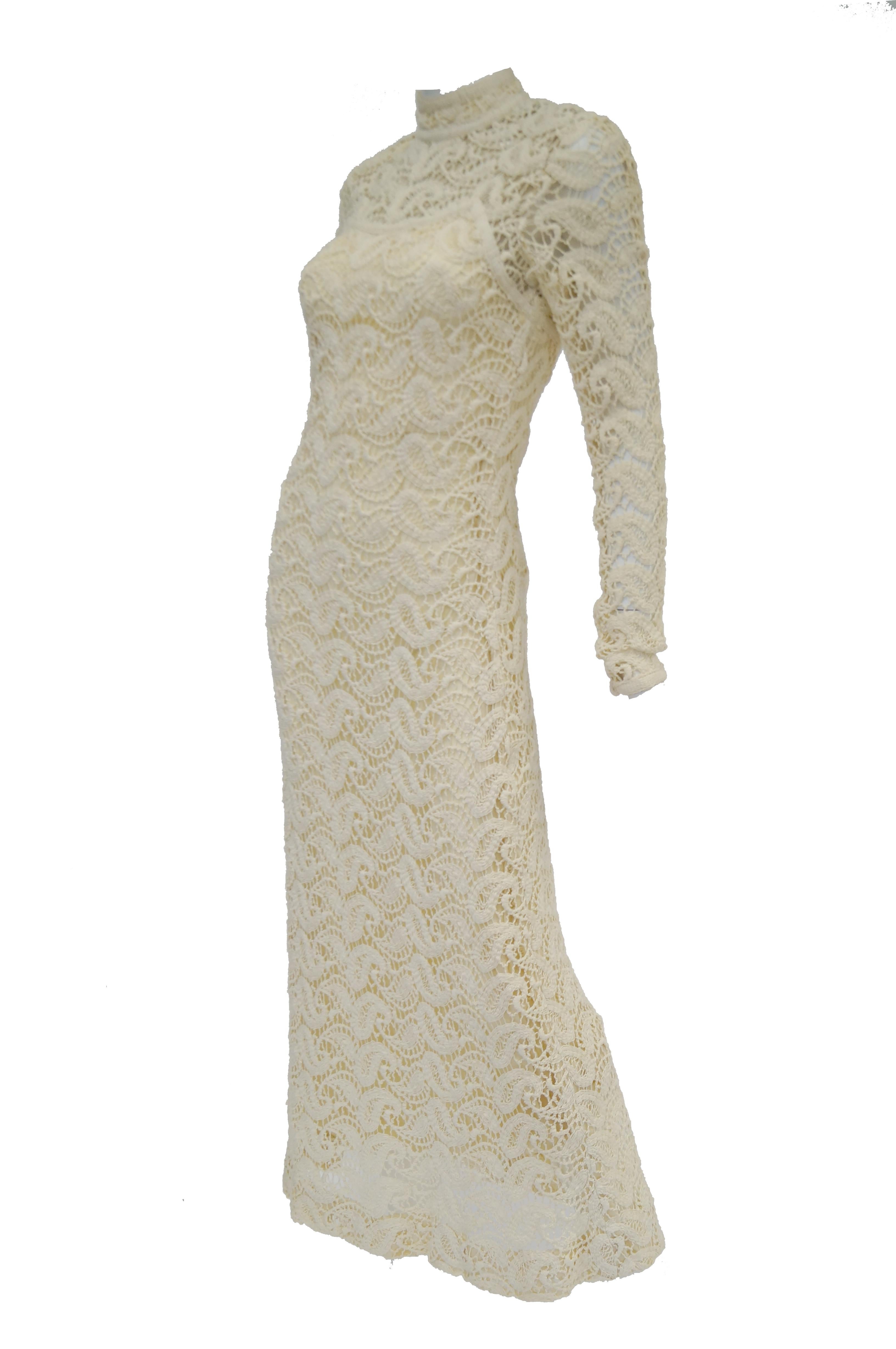 Beige 1970s Cream Crochet Paisley Lace Dress For Sale