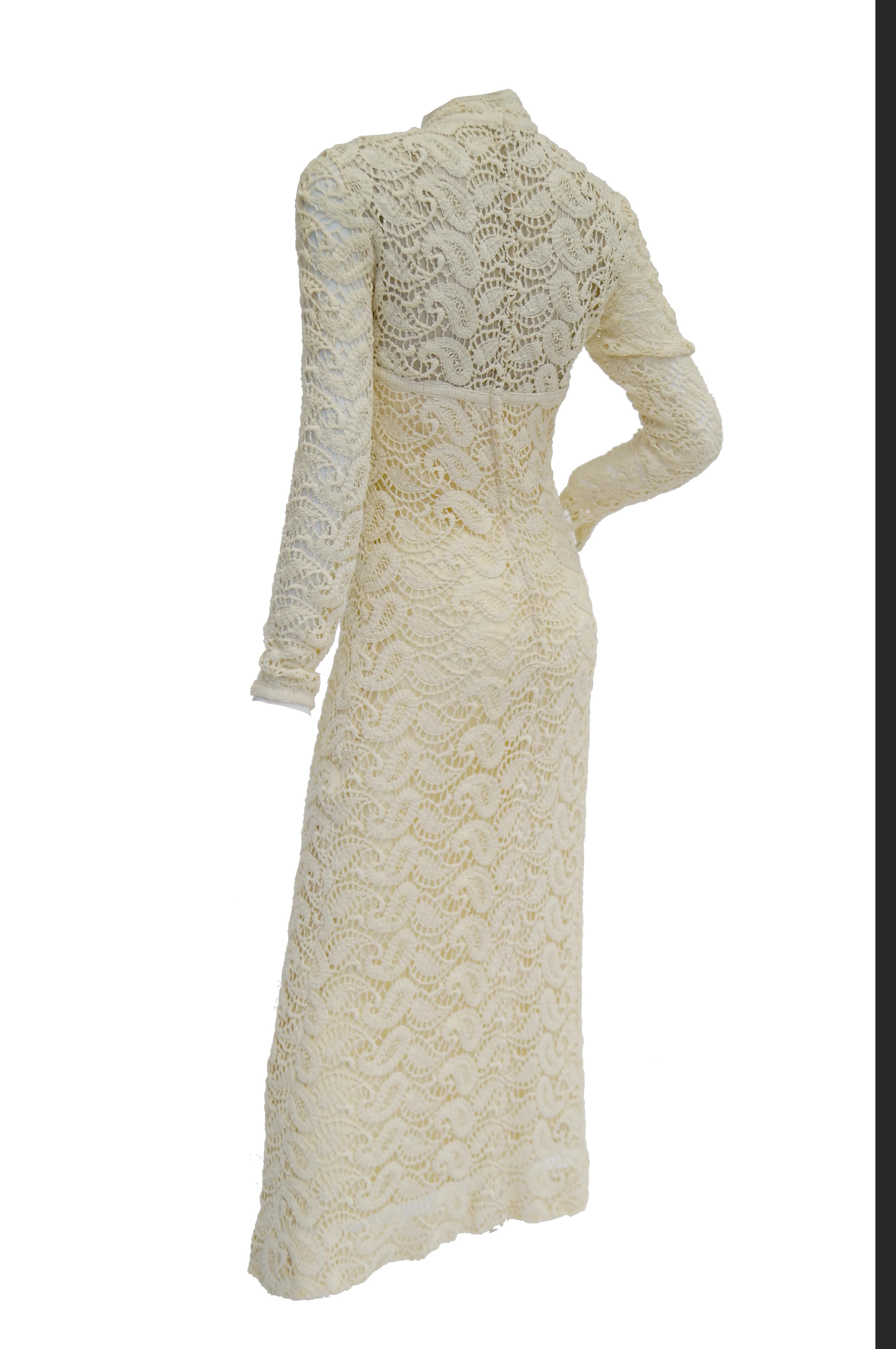 Women's 1970s Cream Crochet Paisley Lace Dress For Sale