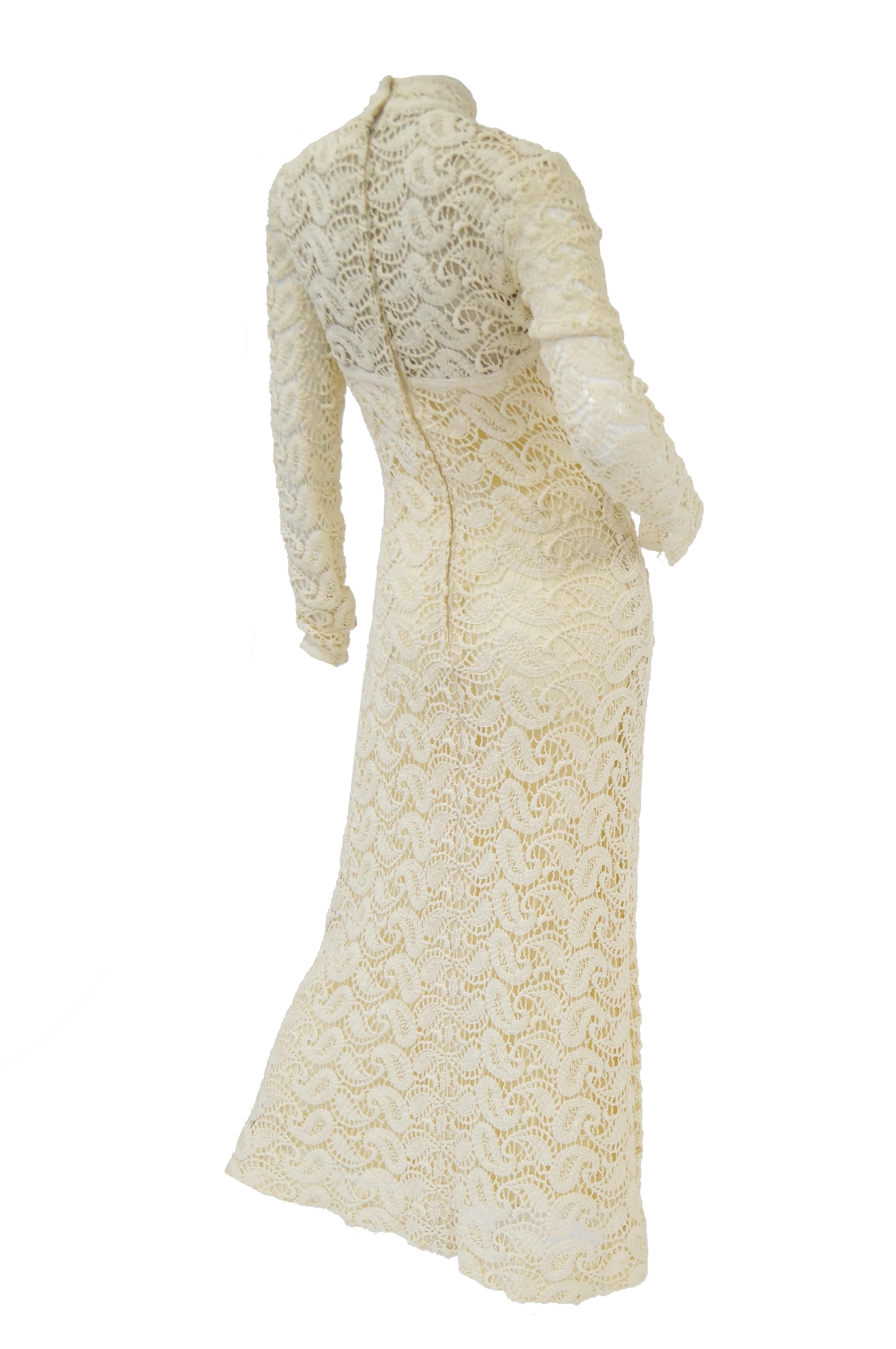 1970s Cream Crochet Paisley Lace Dress For Sale 1