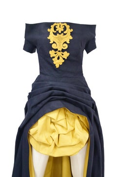 1991 Christian Lacroix Couture Navy Linen and Gold Silk Shantung Evening Gown 32