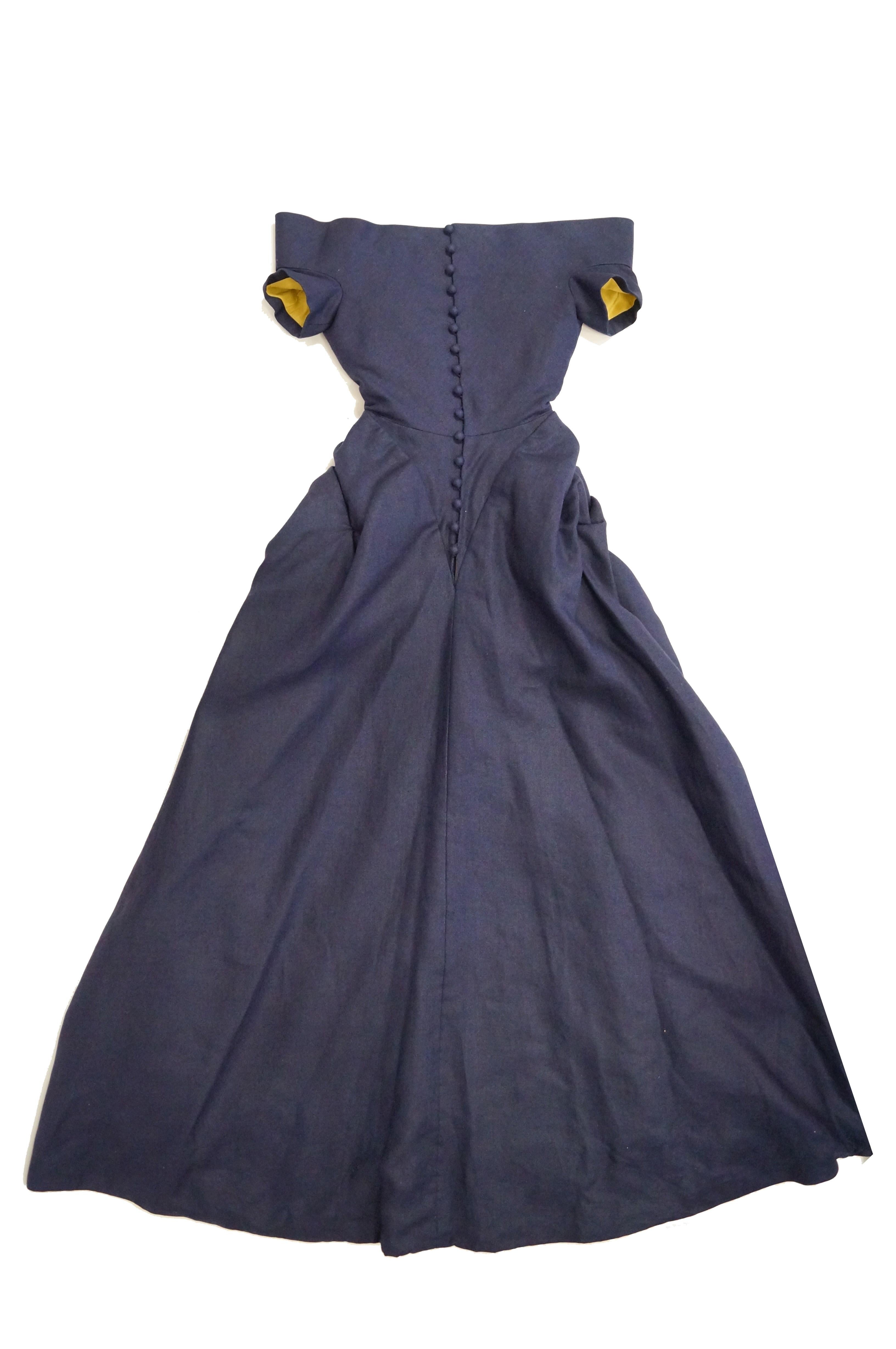 1991 Christian Lacroix Couture Navy Linen and Gold Silk Shantung Evening Gown 32 For Sale 2