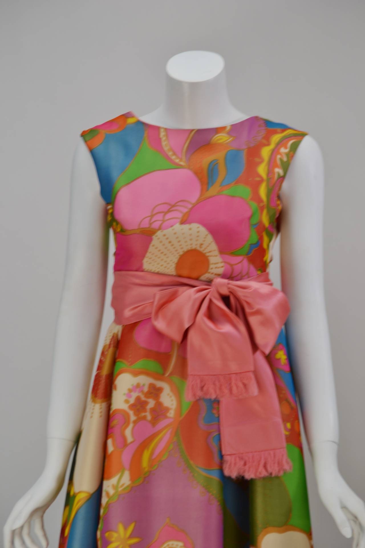 Silk Flower Print Maxi Dress, 1960s  In Good Condition In Houston, TX