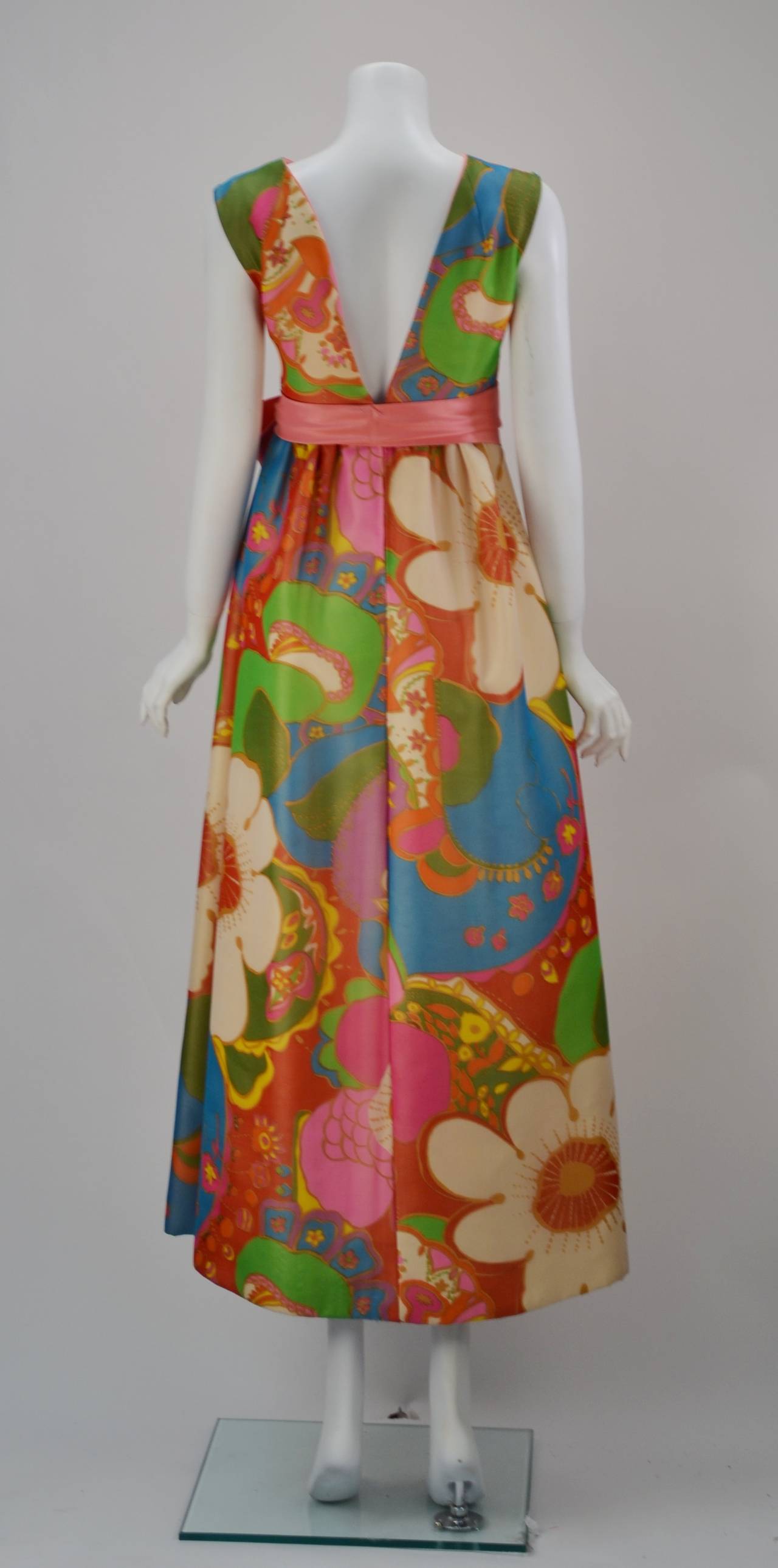 Pink Silk Flower Print Maxi Dress, 1960s 