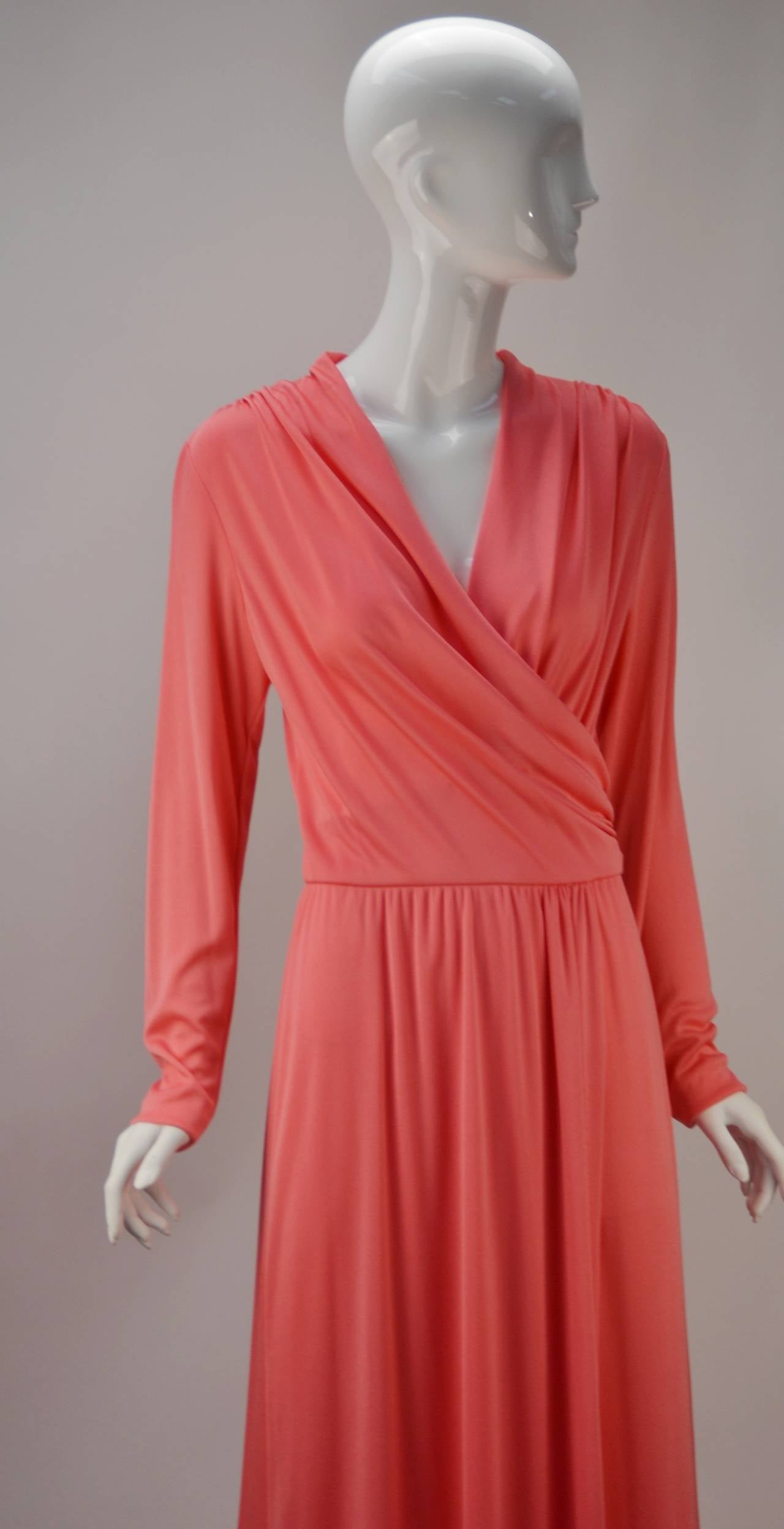 1970s Joy Stevens Coral Pink Maxi Dress For Sale at 1stdibs