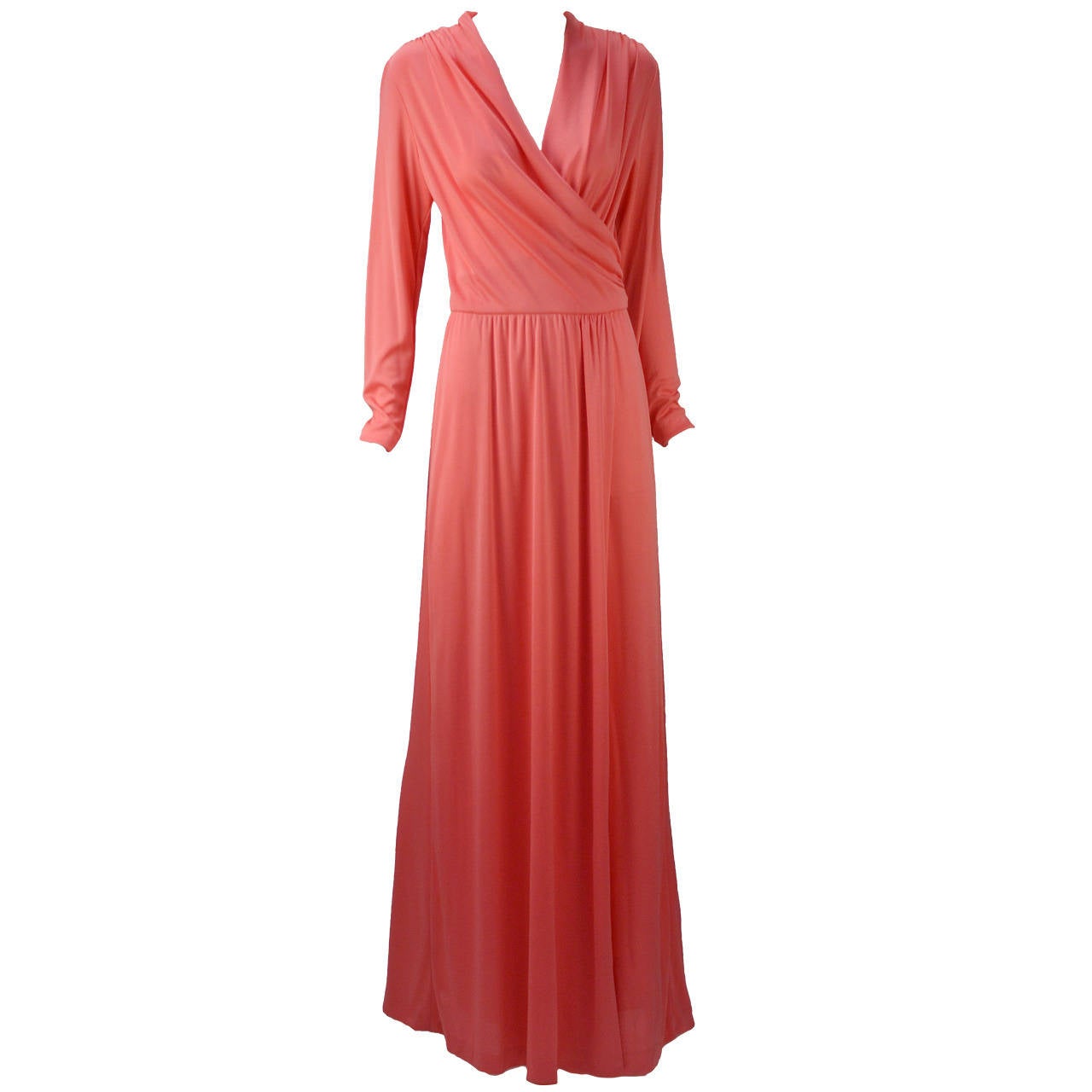 1970s Joy Stevens Coral Pink Maxi Dress For Sale at 1stdibs