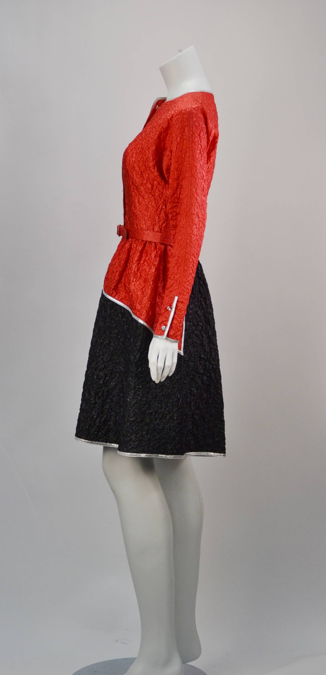 Geoffrey Beene Red and Black Metallic Dress, 1970s  In Excellent Condition For Sale In Houston, TX