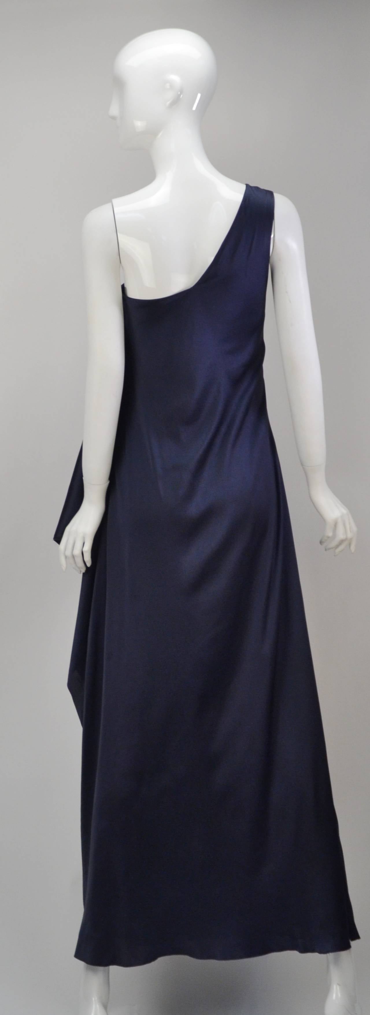 1970s Stavropoulos Navy One Shoulder Dress