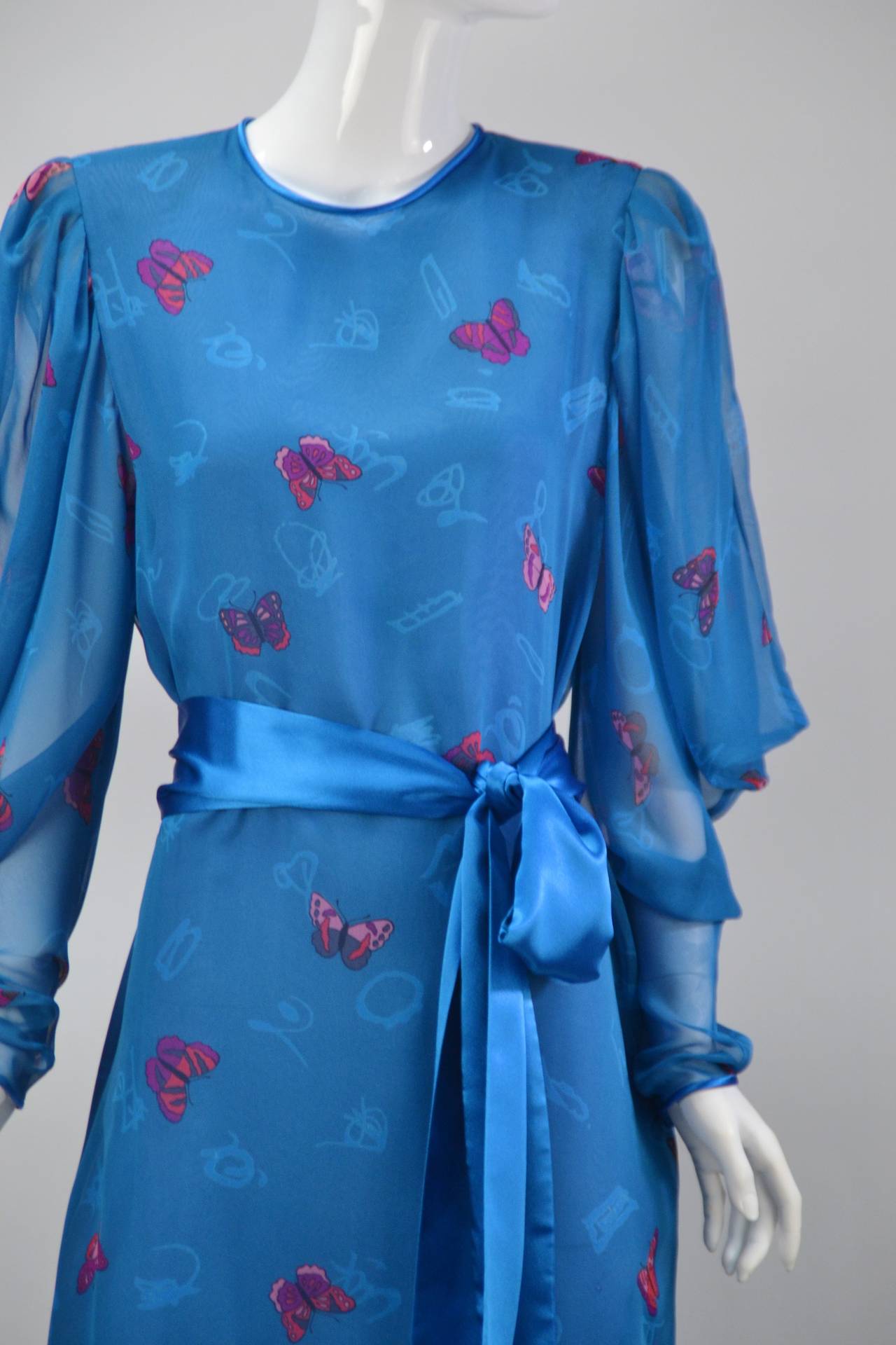 1980s Hanae Mori Blue Butterfly Dress In Excellent Condition In Houston, TX