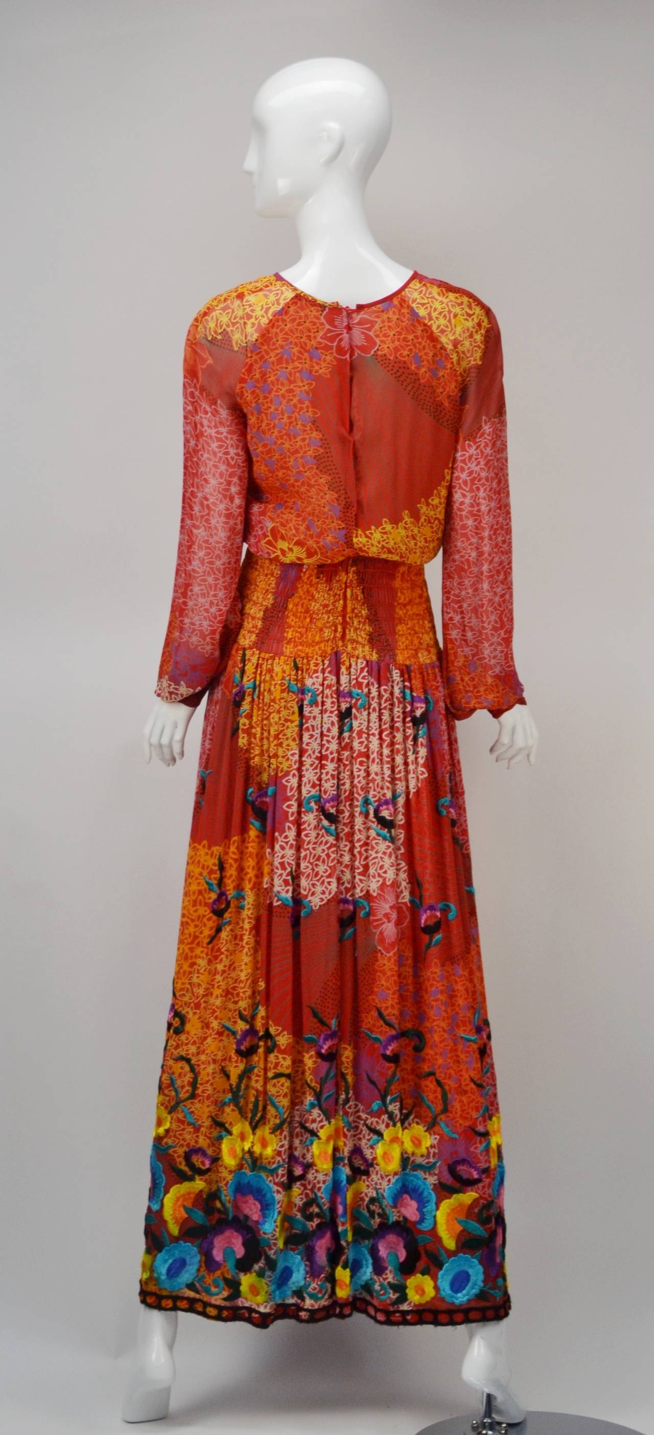 Late 60's Oscar De La Renta Embroidered Print Maxi Dress In Excellent Condition In Houston, TX