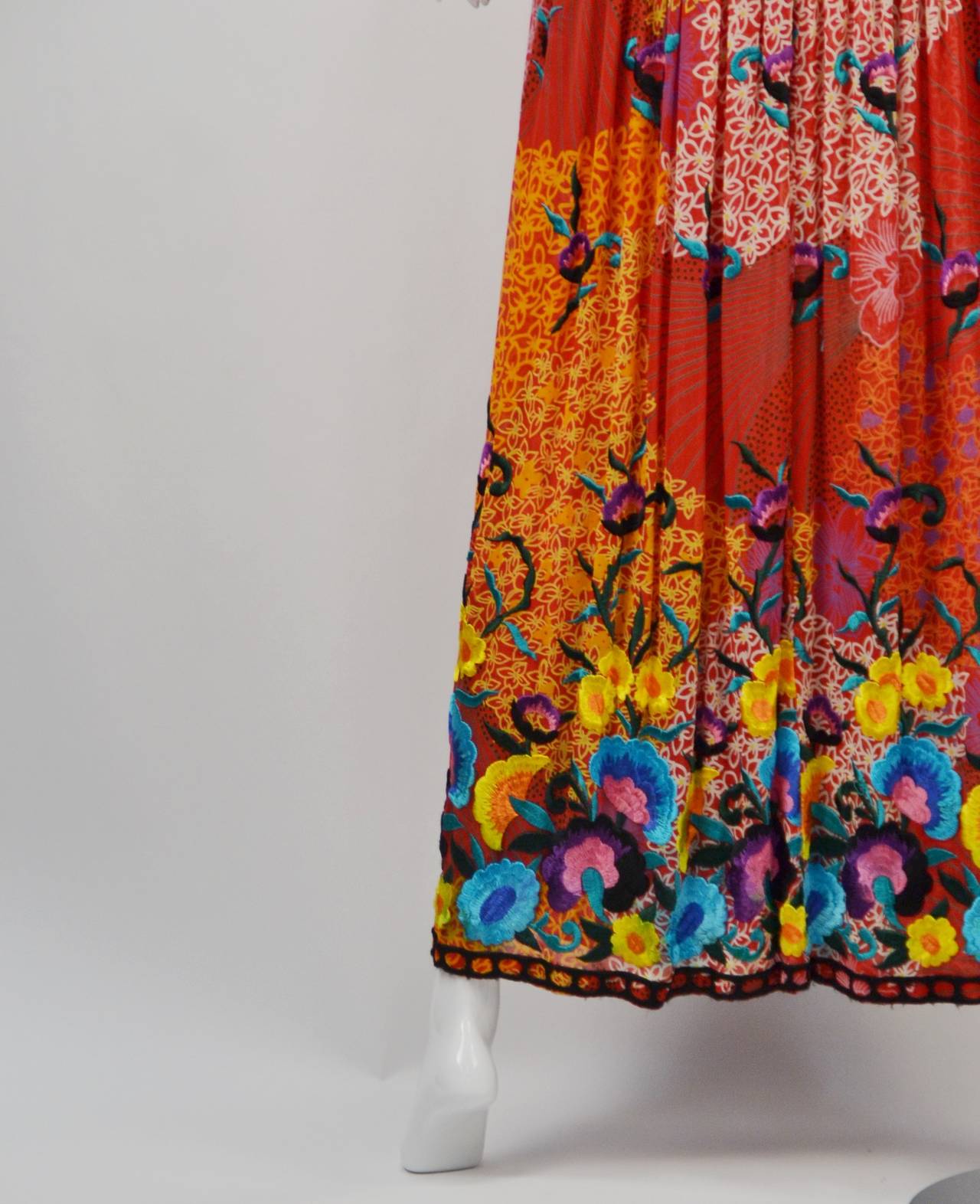 Late 60's Oscar De La Renta Embroidered Print Maxi Dress at 1stDibs