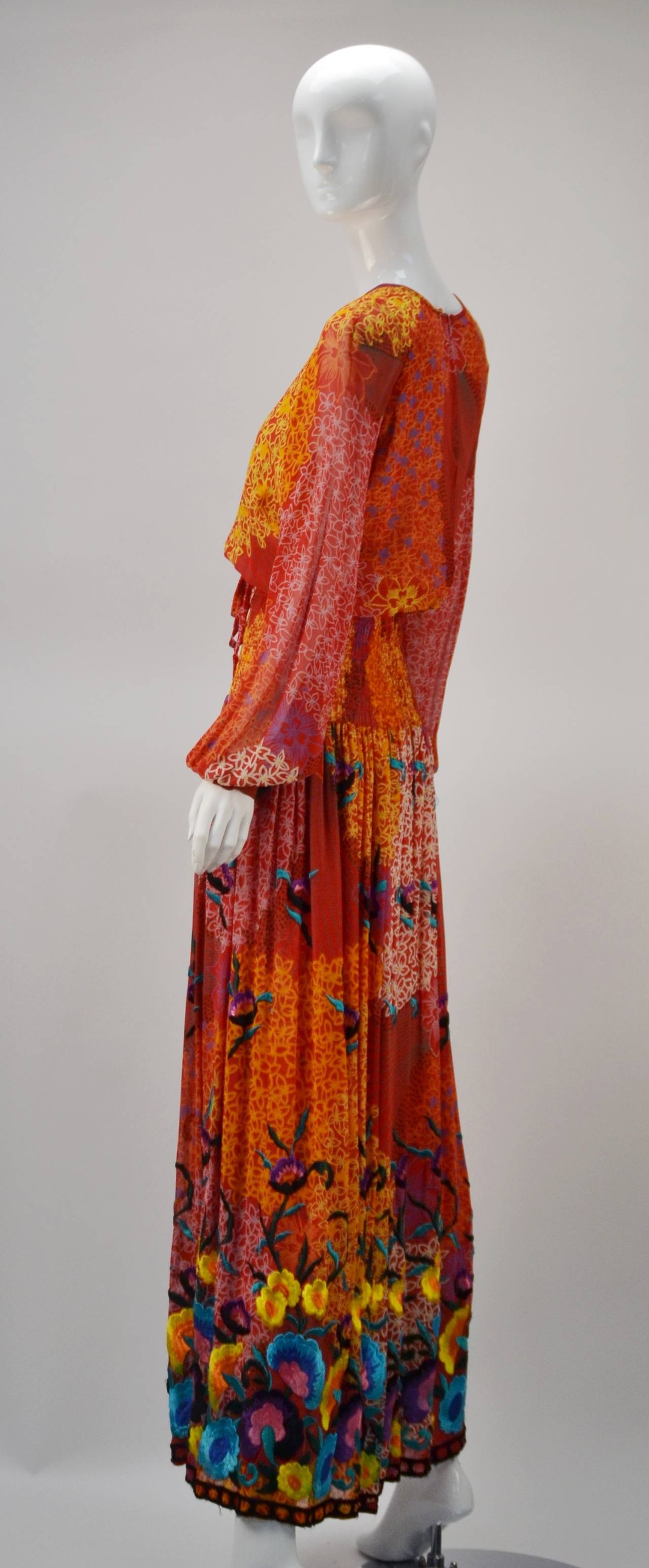 Late 60's Oscar De La Renta Embroidered Print Maxi Dress at 1stDibs
