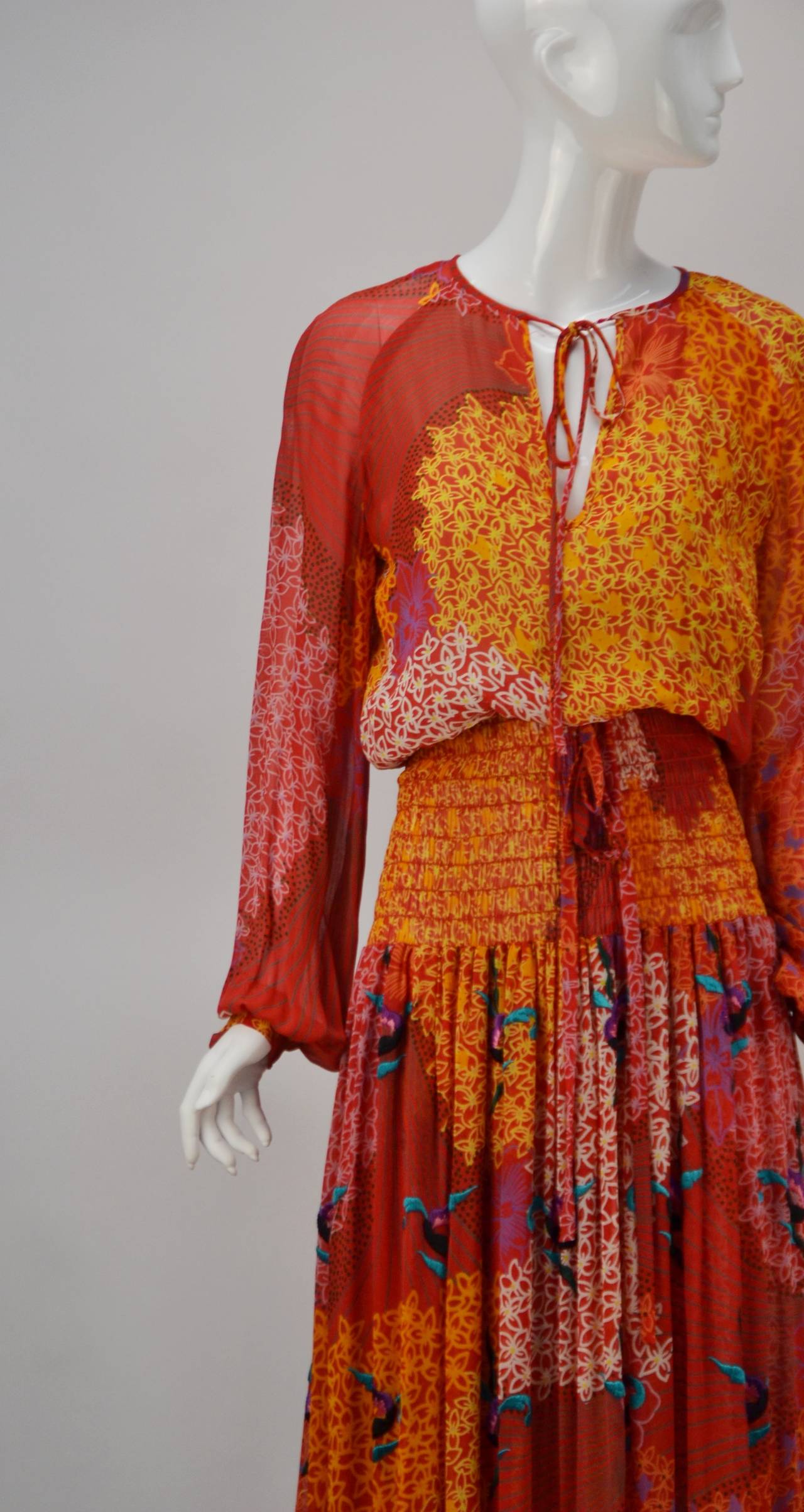 Late 60's Oscar De La Renta Embroidered Print Maxi Dress 1