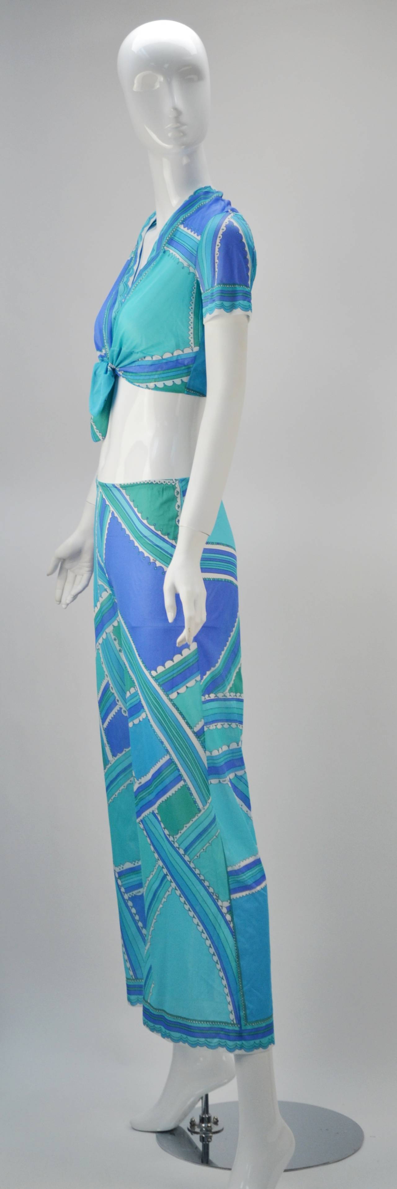 1960s Emilio Pucci Blue and Green Lounge Set In Excellent Condition In Houston, TX