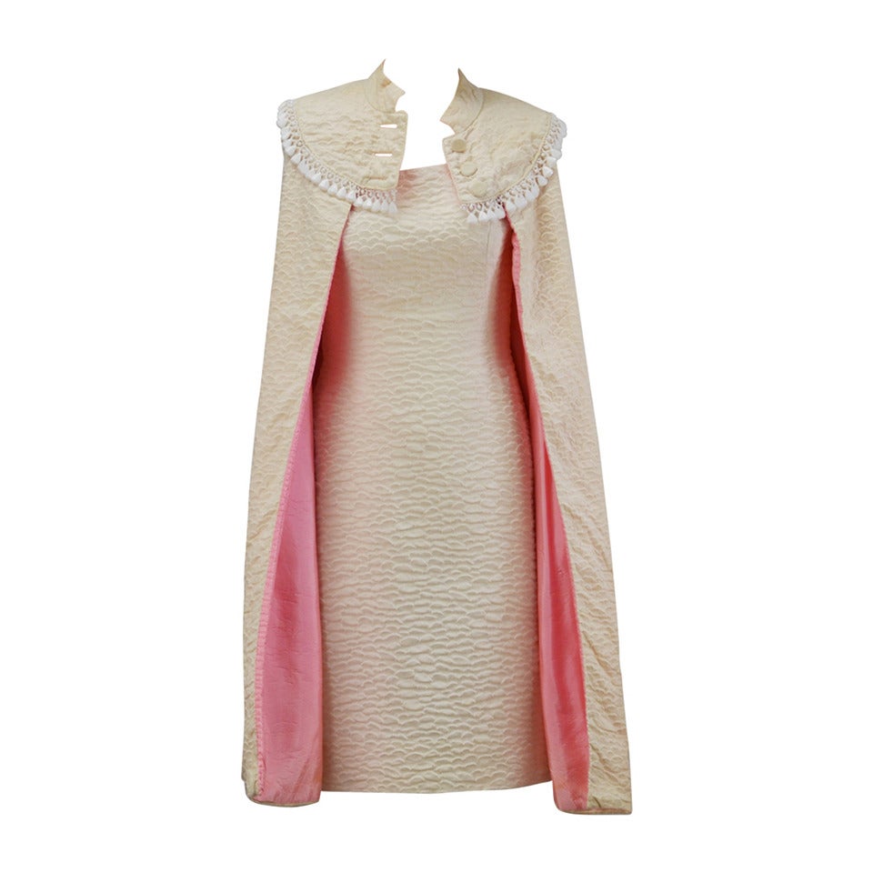 1960s Mr. Blackwell Ivory Textured Dress with Cape
