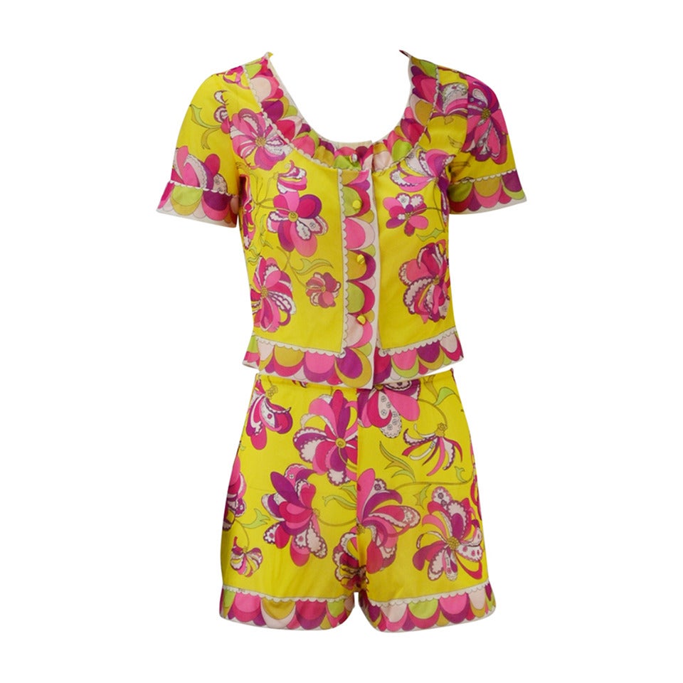 Emilio Pucci for Formfit Rodgers Yellow and Pink Lounge Short Set, 1960s 