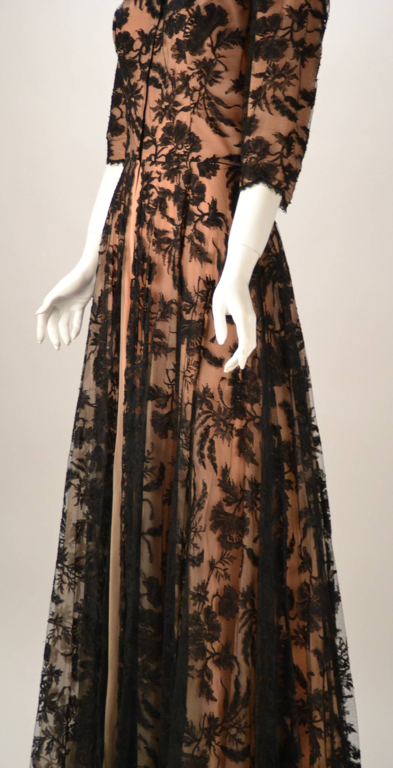 1960s Lucie Ann Black Lace and Chiffon Dressing Gown 1