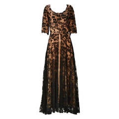 Vintage 1960s Lucie Ann Black Lace and Chiffon Dressing Gown