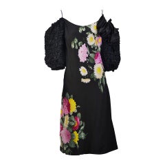 1980s Pauline Trigere Black Floral Off the Shoulder Silk Dress