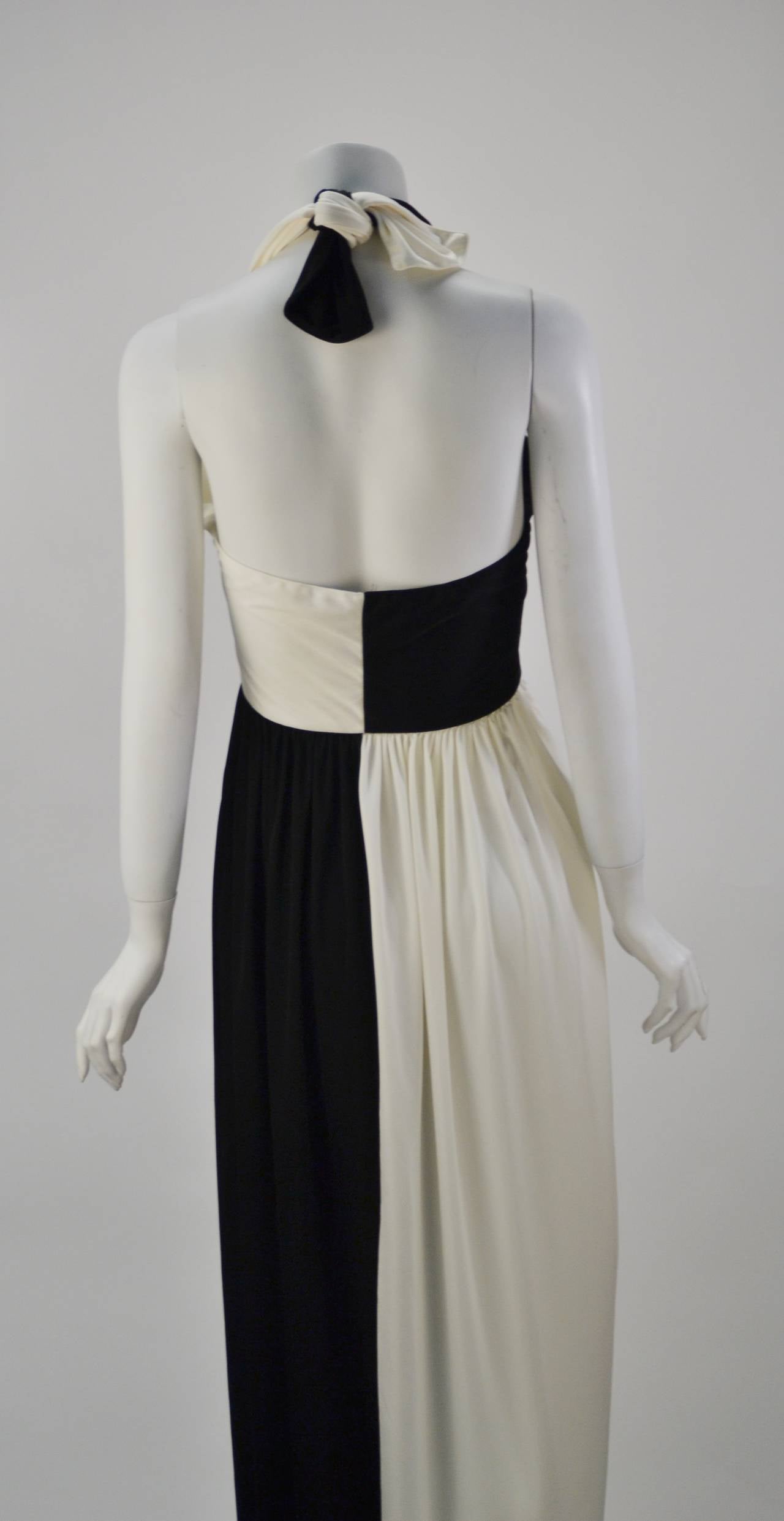 1980 Bill Tice Plunge Black & Gold Backless Halter Dress