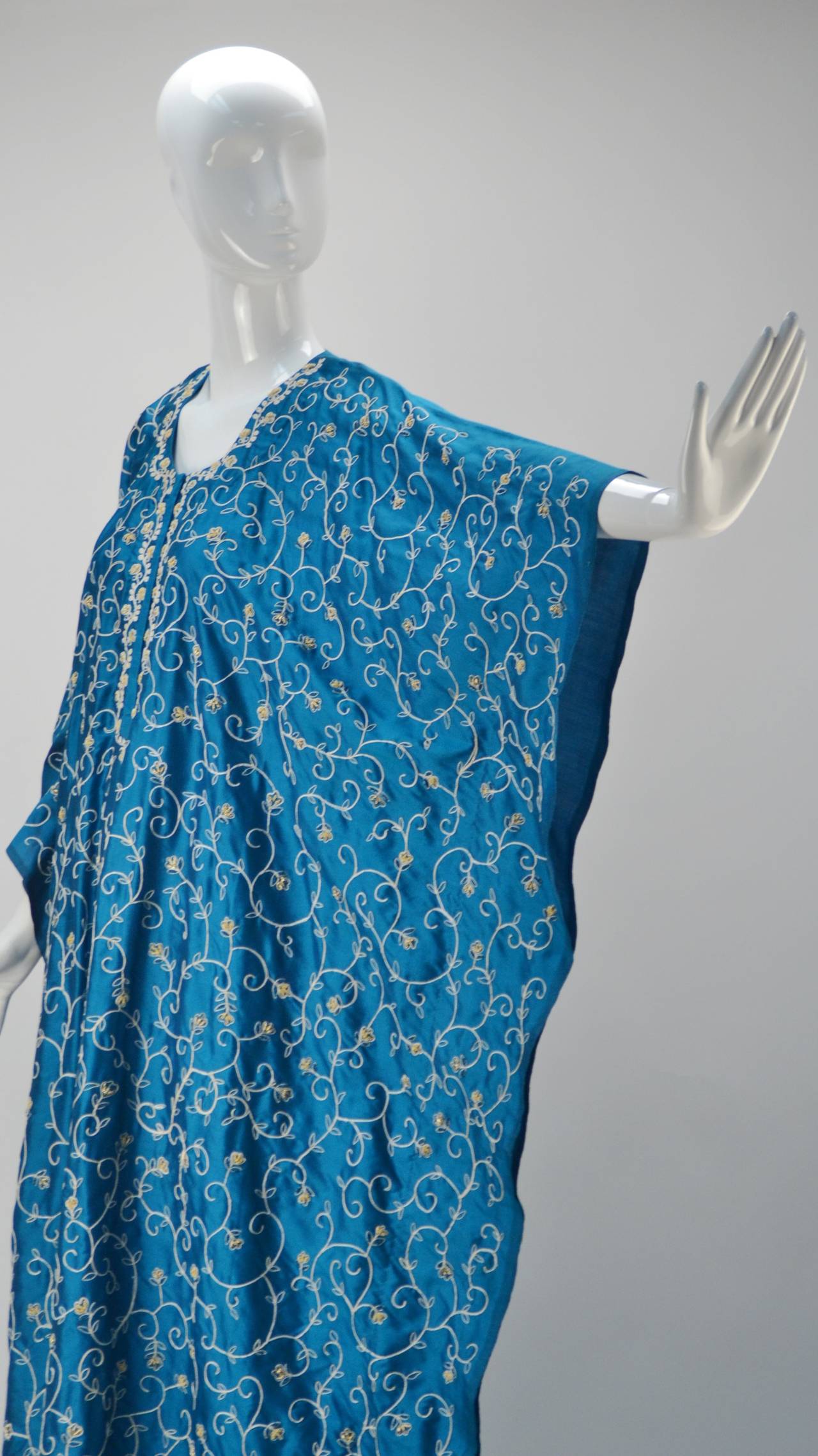 Women's Vintage Teal Blue Embroidered Silk Kaftan