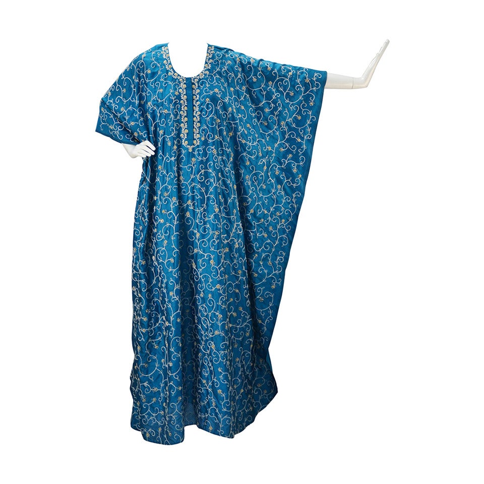 Vintage Teal Blue Embroidered Silk Kaftan