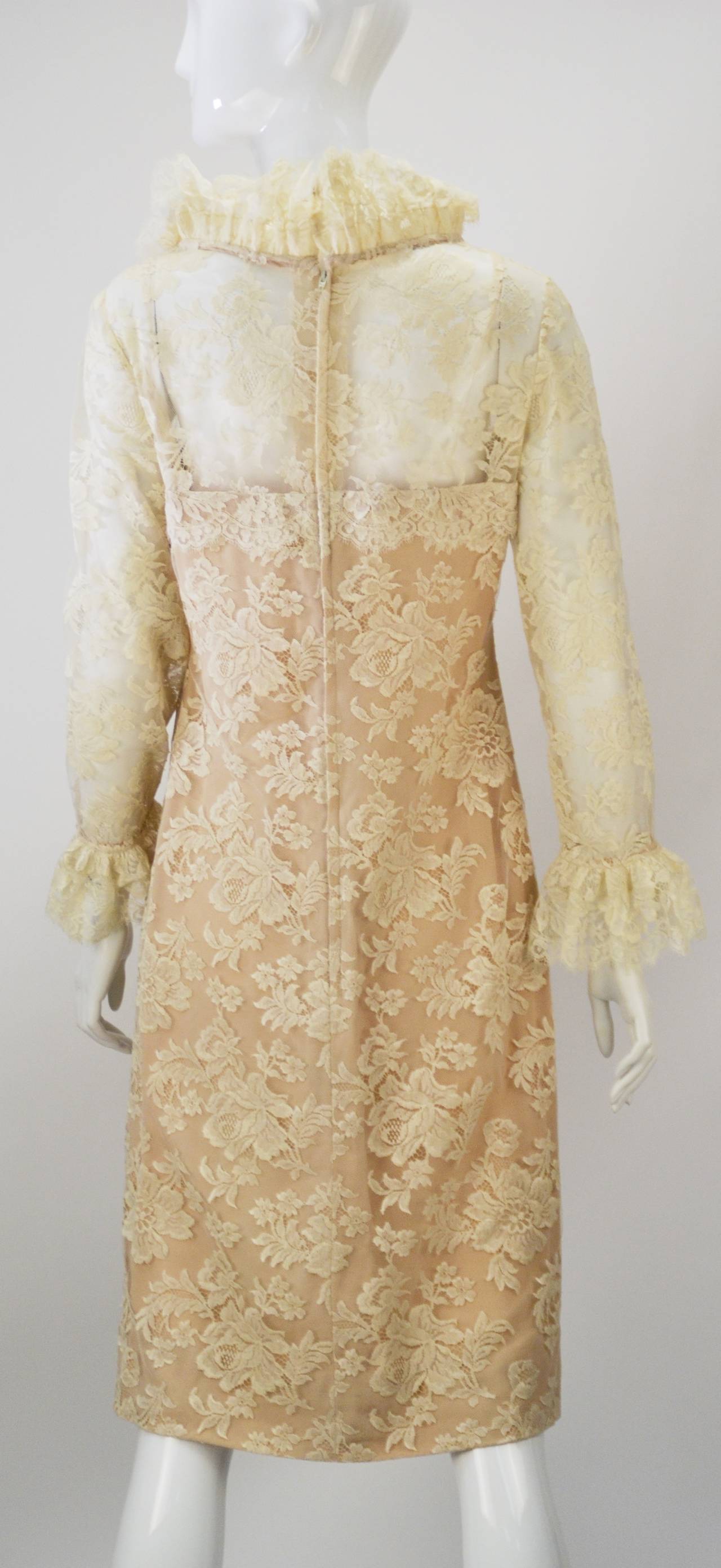 Beige 1960s Bill Blass for Maurice Rentner Ivory Chantilly Lace Ruffle Dress