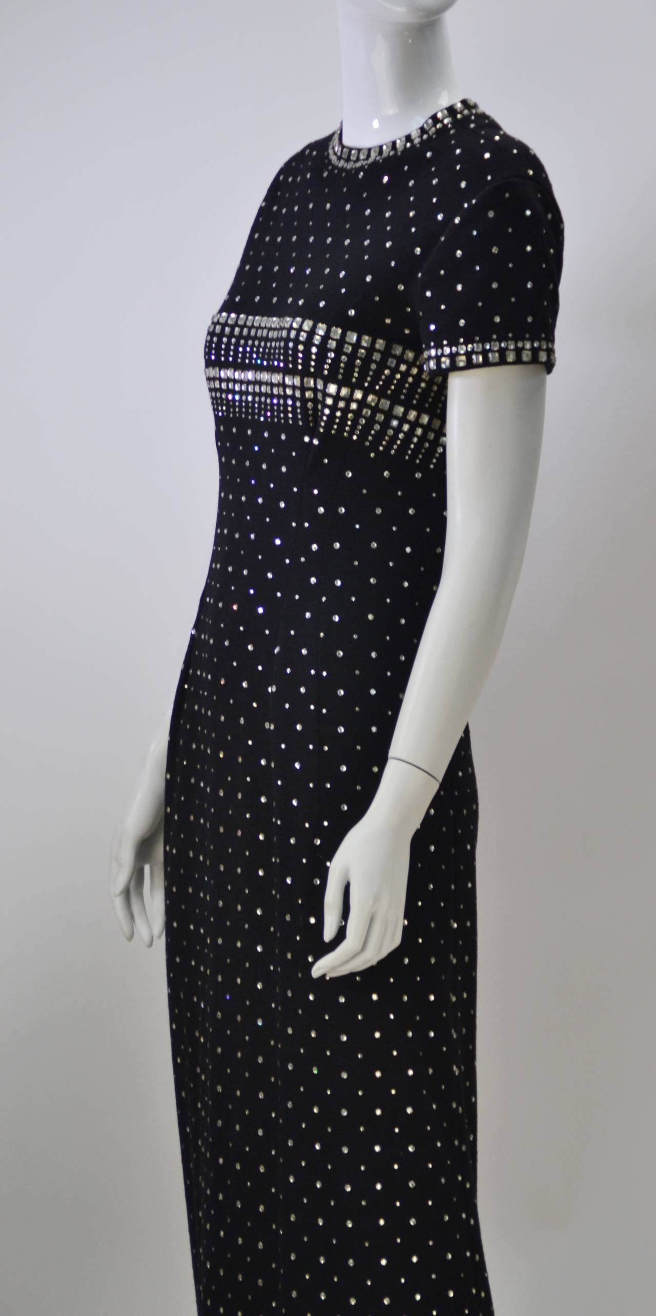 Women's Vintage Black Maxi Dress with Patterned Rhinestone Detail