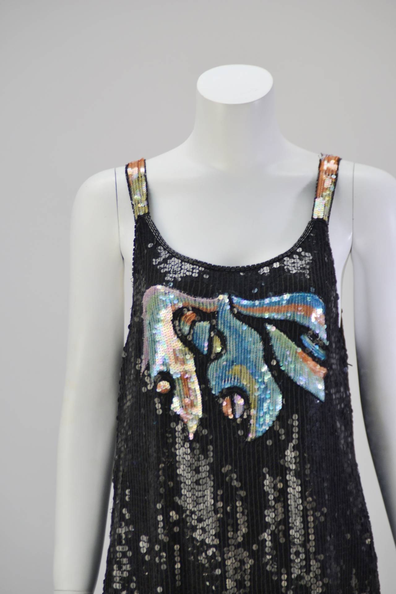 Women's 1980s Stunning Sleeveless Black and Multi-Colored Sequin and Beaded Dress