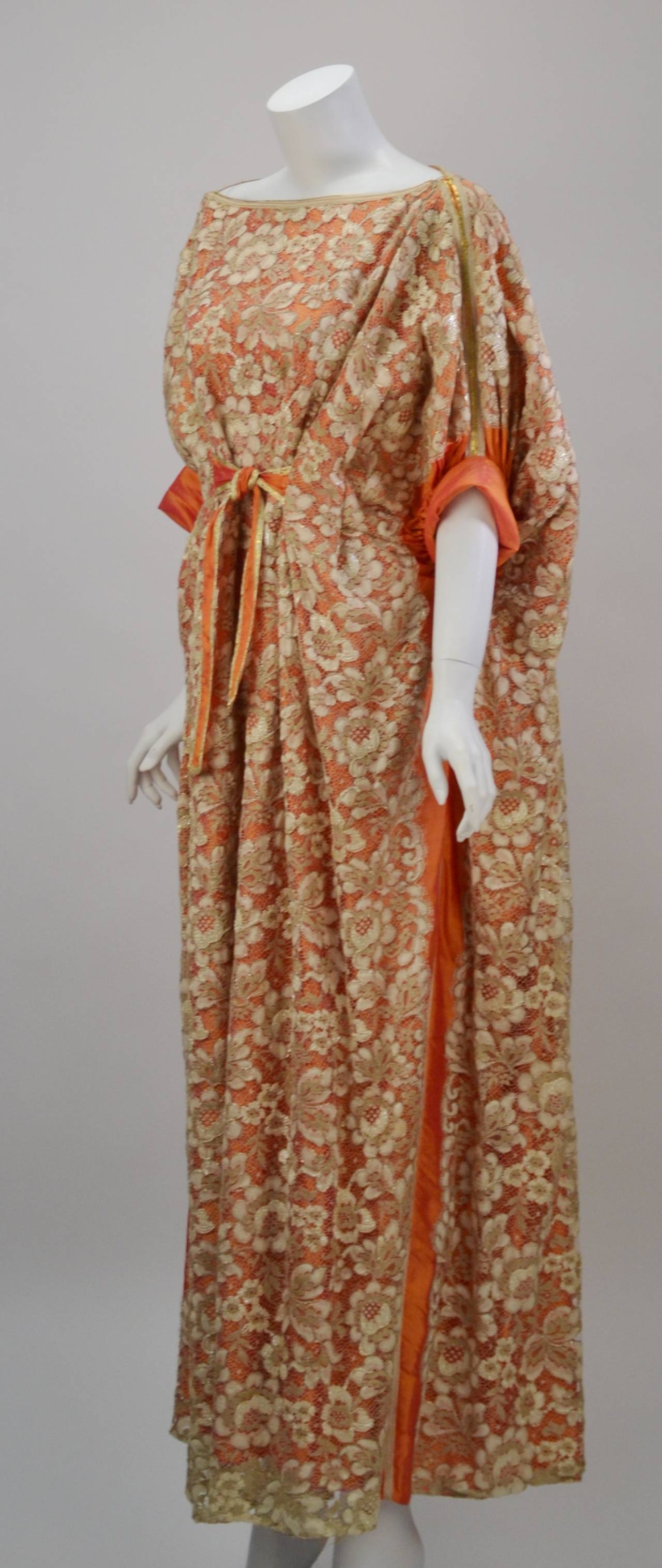 Late 70's Neiman Marcus Lace and Silk Coral Caftan/Gown In Good Condition In Houston, TX