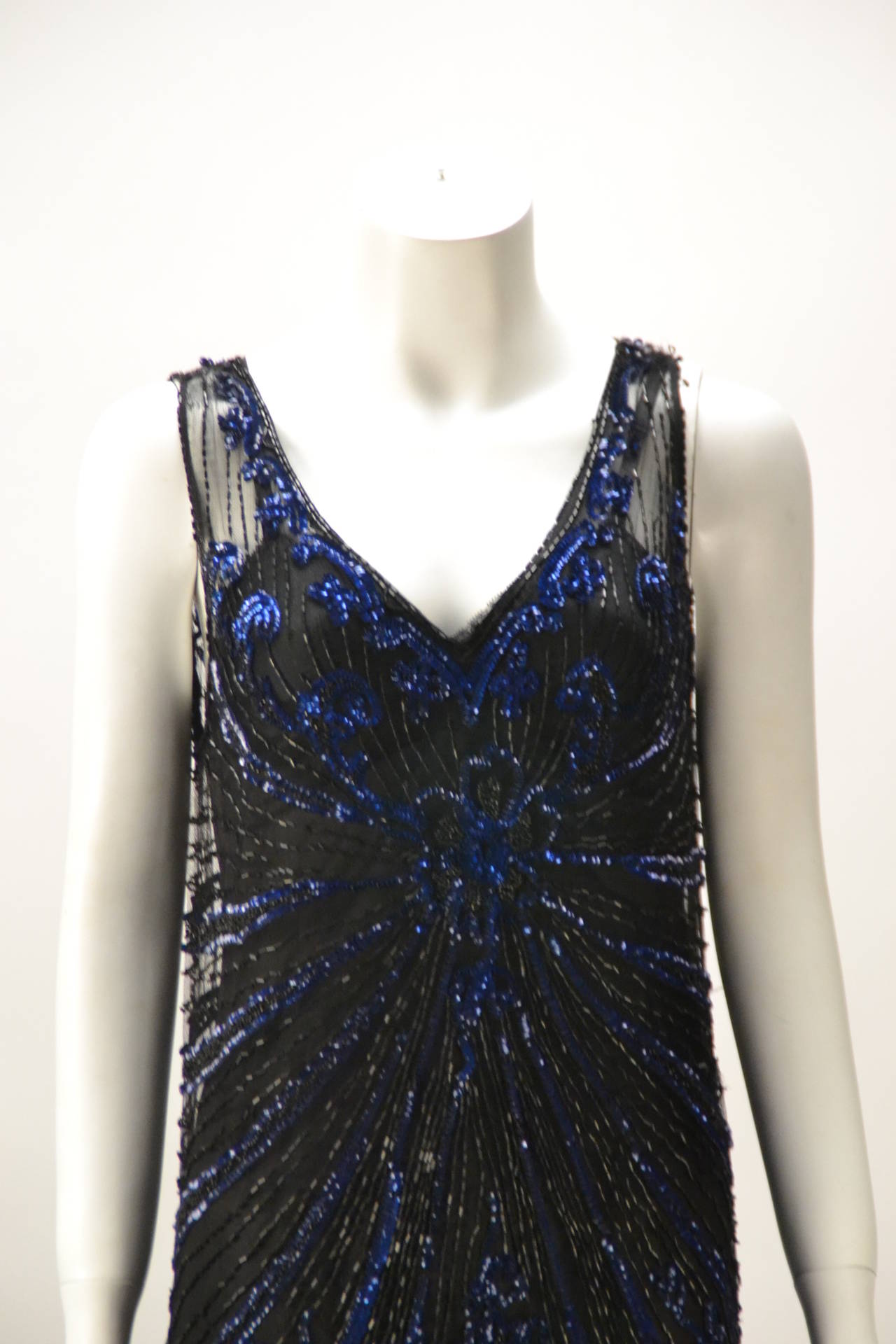 1920s Black Net Blue Sequin and Beaded Flapper Dress In Fair Condition In Houston, TX