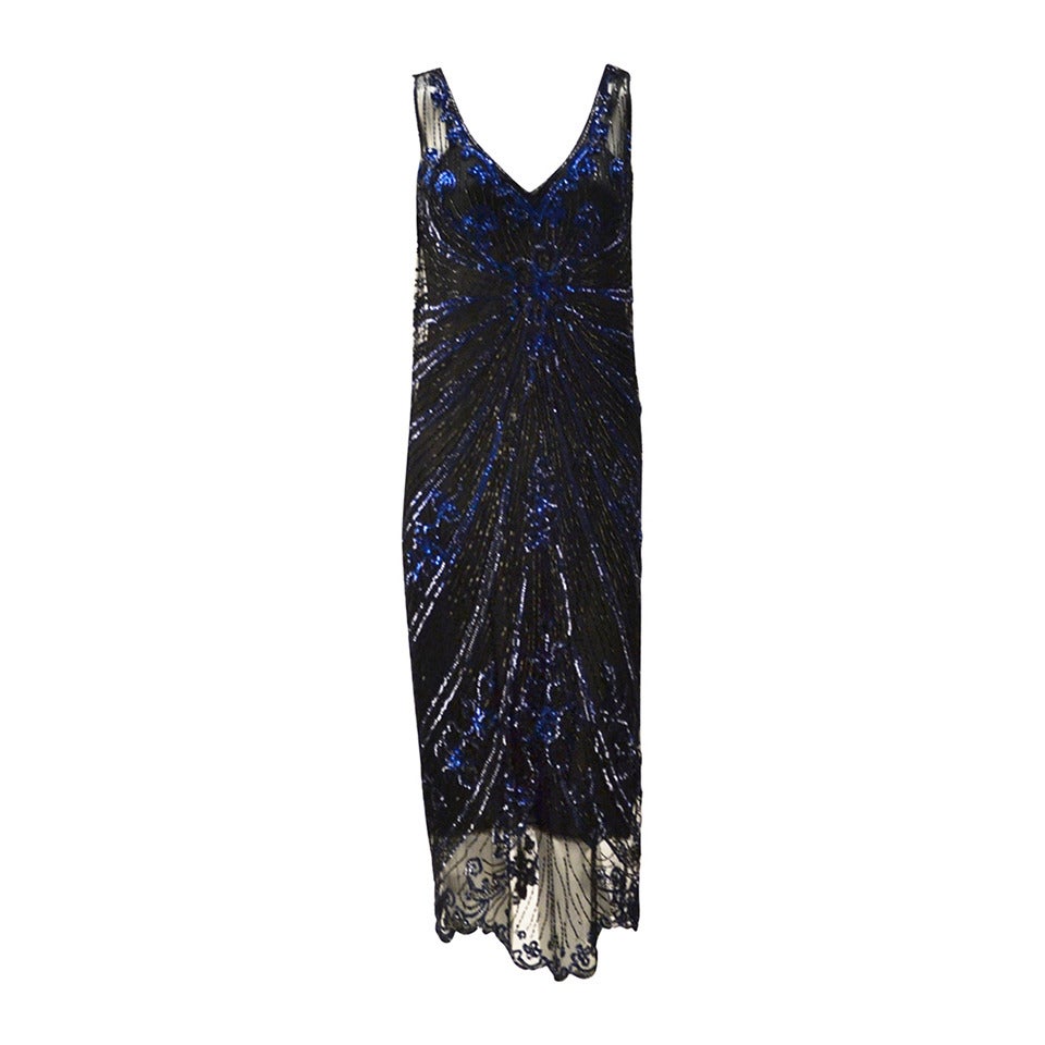 1920s Black Net Blue Sequin and Beaded Flapper Dress