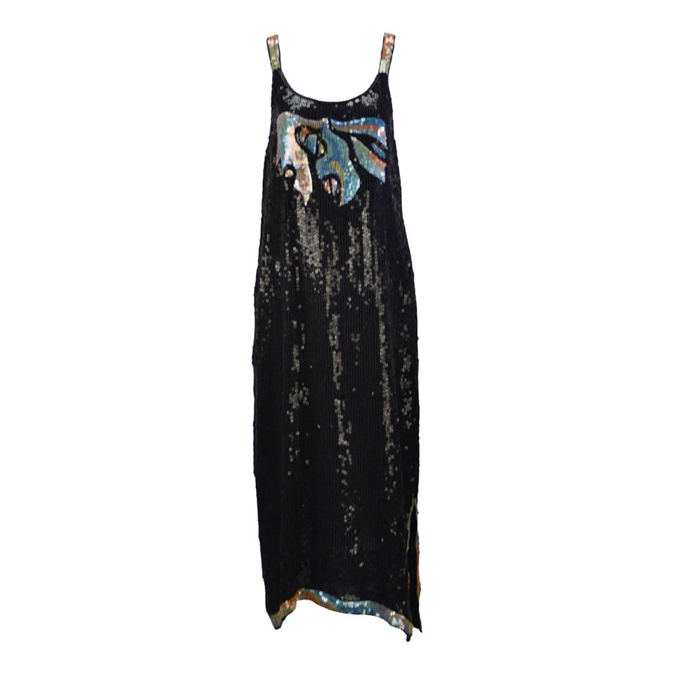 1980s Stunning Sleeveless Black and Multi-Colored Sequin and Beaded Dress