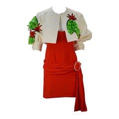 1980s Balenciaga Le Dix Red Mini Dress with Embellished Crop Jacket 10