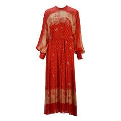 1980's Adele Simpson Red Silk Floral Print Dress