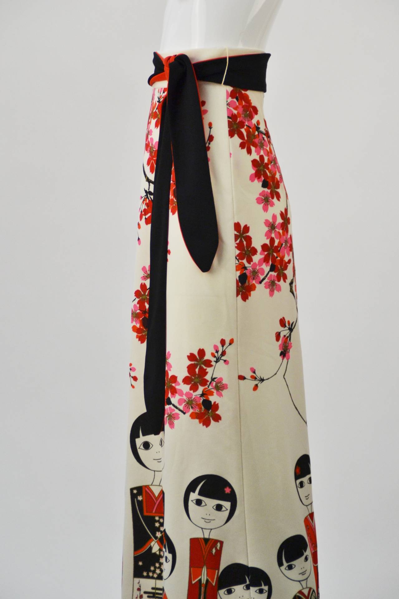 Women's 1960s Shaheen Kokeshi Doll Border Print Maxi Skirt with Obi Belt