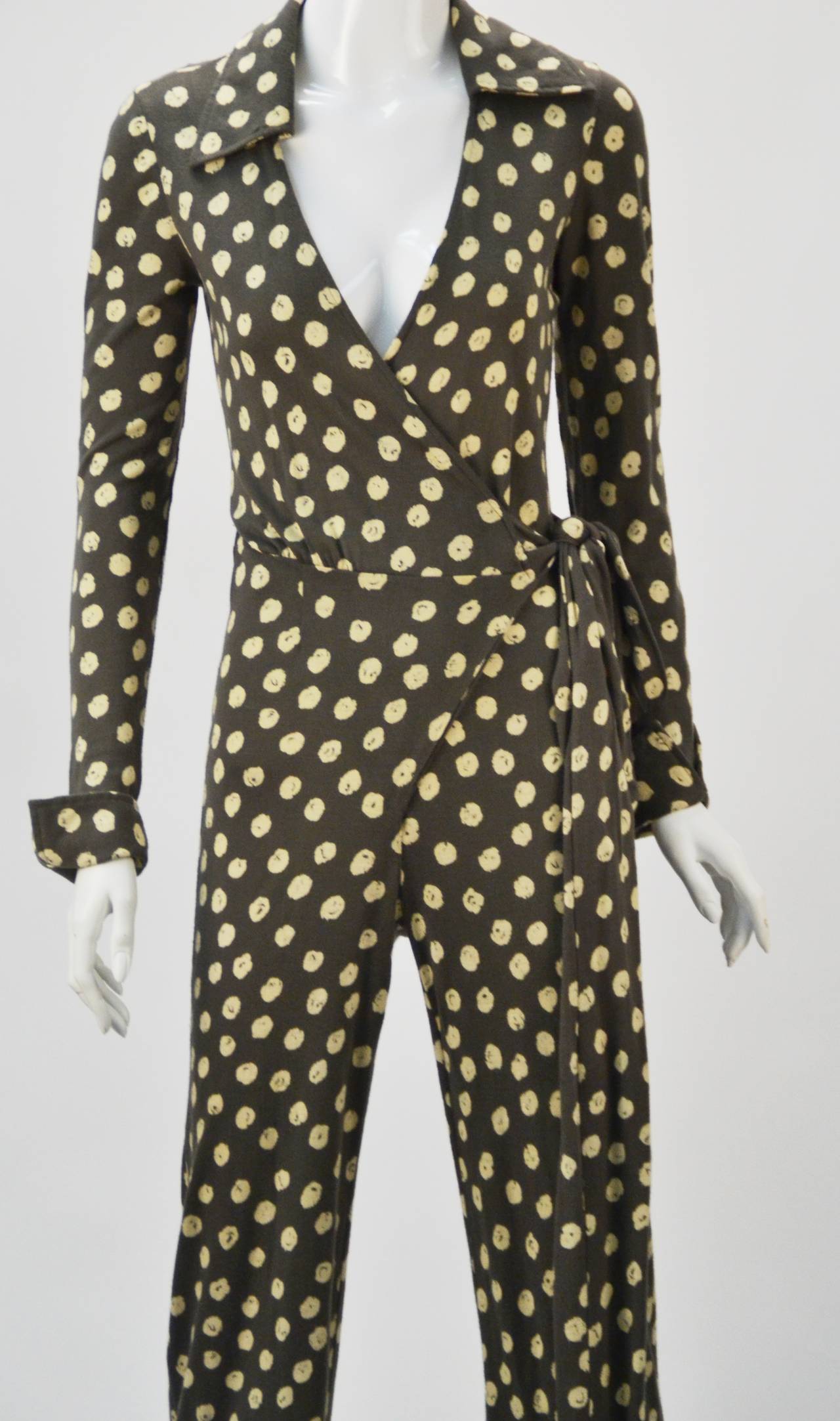 1970s Diane von Furstenberg Polka Dot Wrap Around Jumpsuit In Good Condition In Houston, TX
