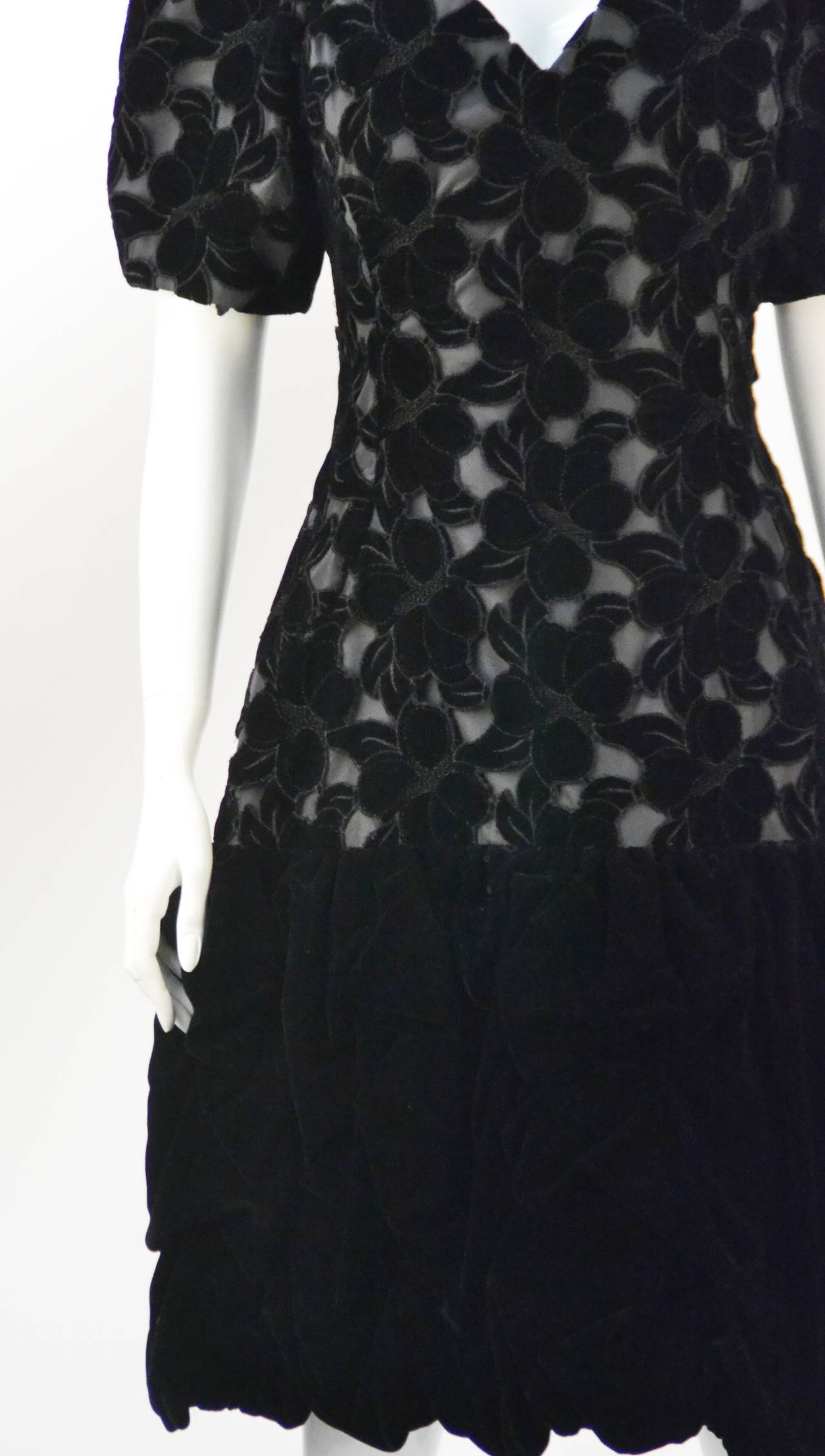 1990s Scaasi Black Laser Cut Floral Print Cocktail Dress 1