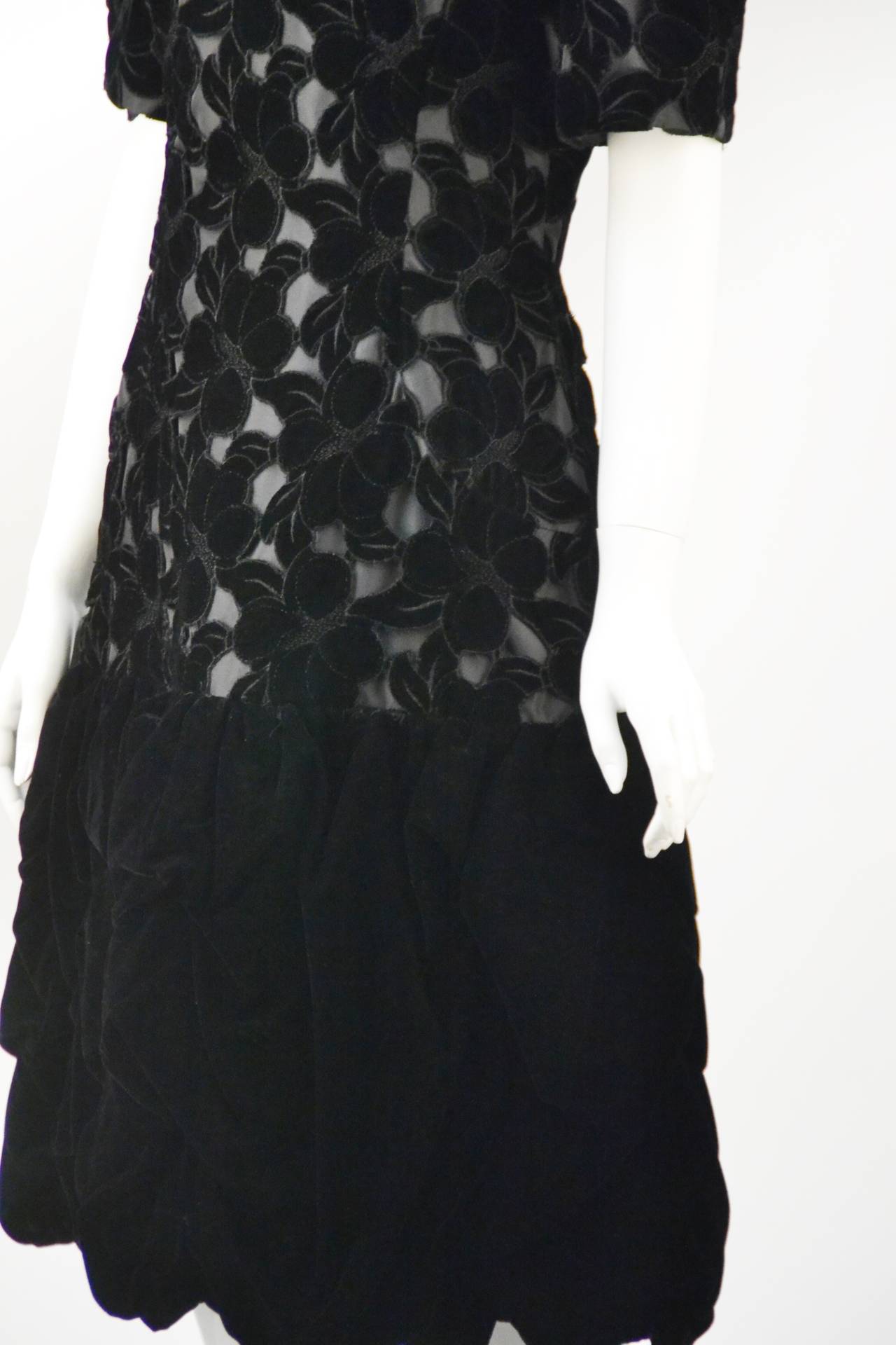 1990s Scaasi Black Laser Cut Floral Print Cocktail Dress 2