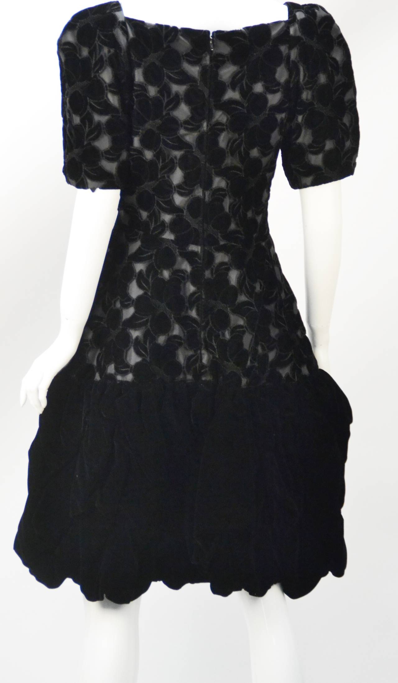 Women's 1990s Scaasi Black Laser Cut Floral Print Cocktail Dress