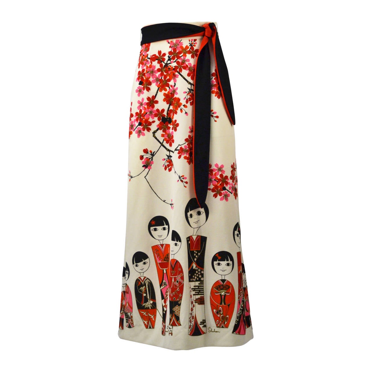 1960s Shaheen Kokeshi Doll Border Print Maxi Skirt with Obi Belt