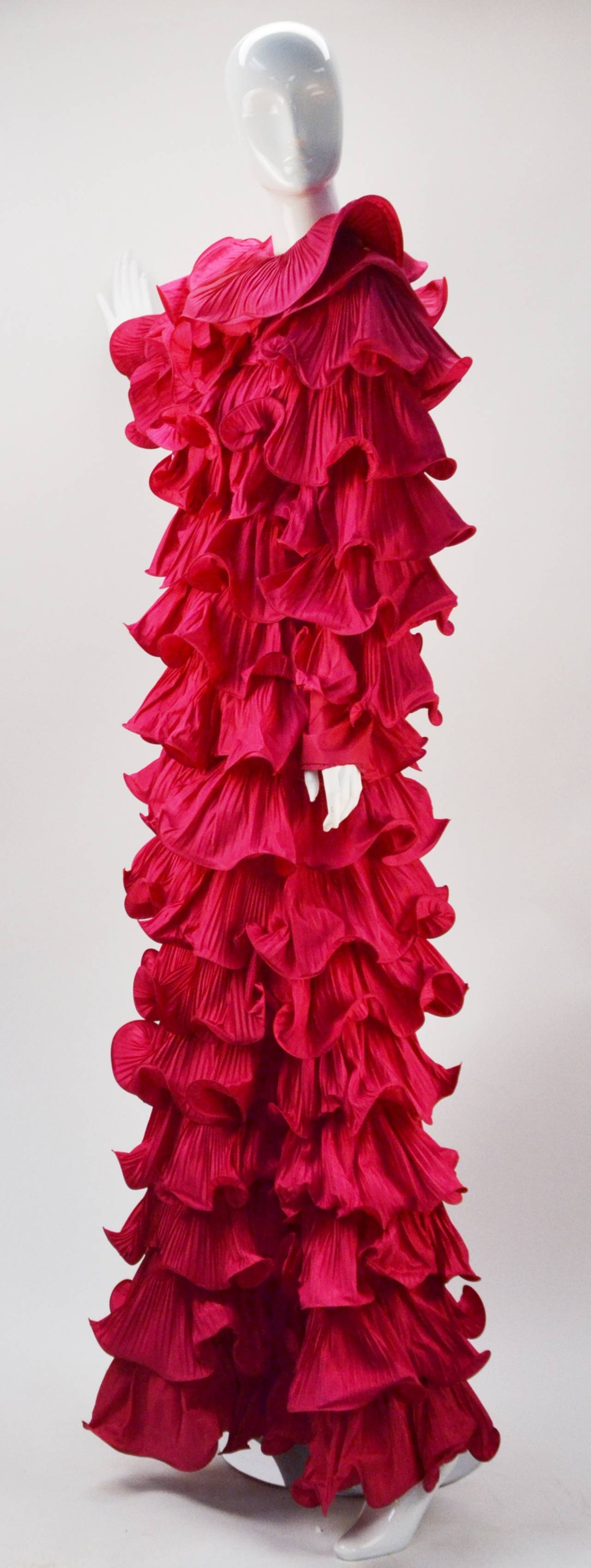 Red 1980s Pierre Cardin Haute Couture Fuschia Ruffled Evening Gown